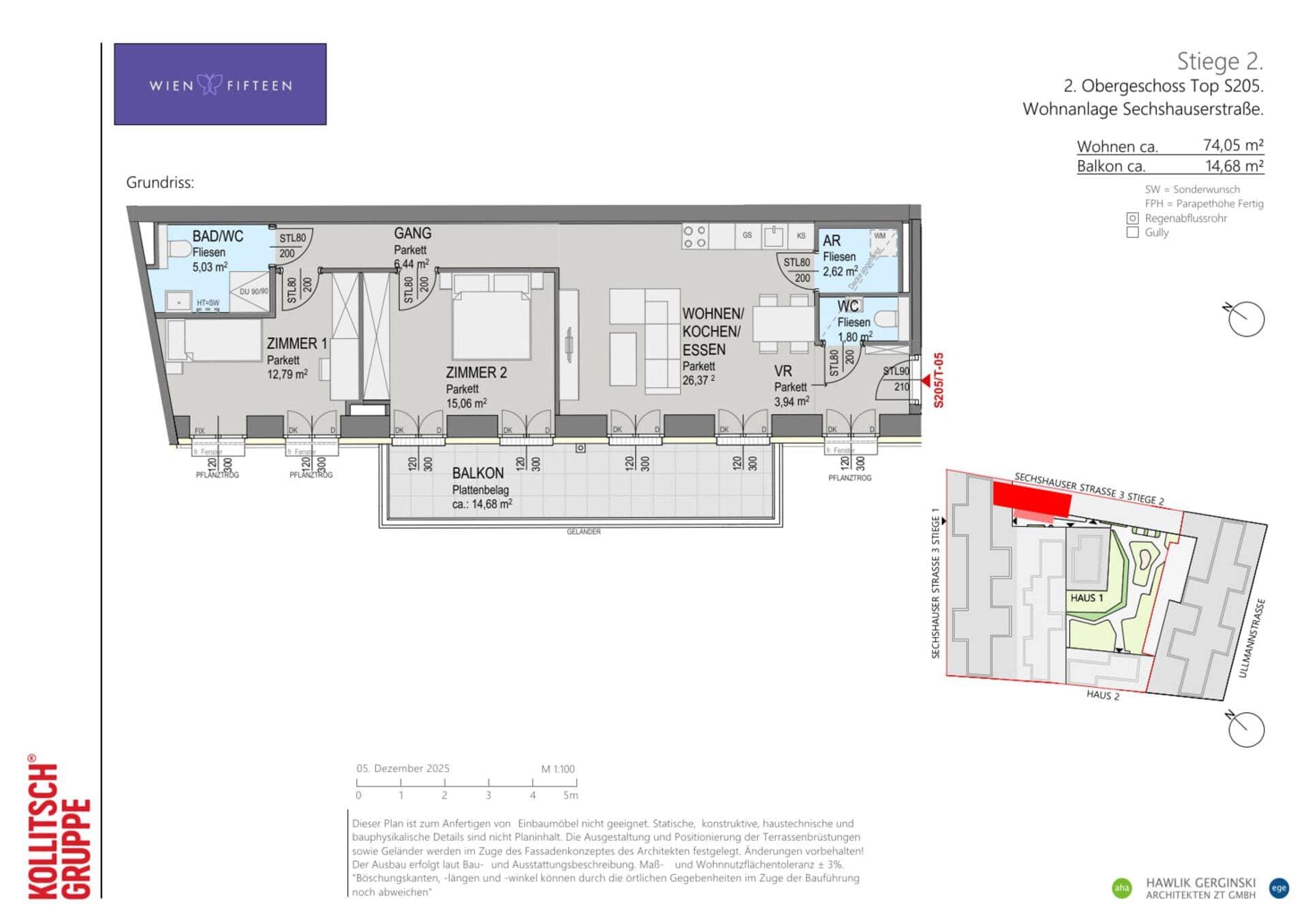 Grundriss Top S205 — WIEN FIFTEEN — 3 Zimmer — 74,1 m² — 3. OG