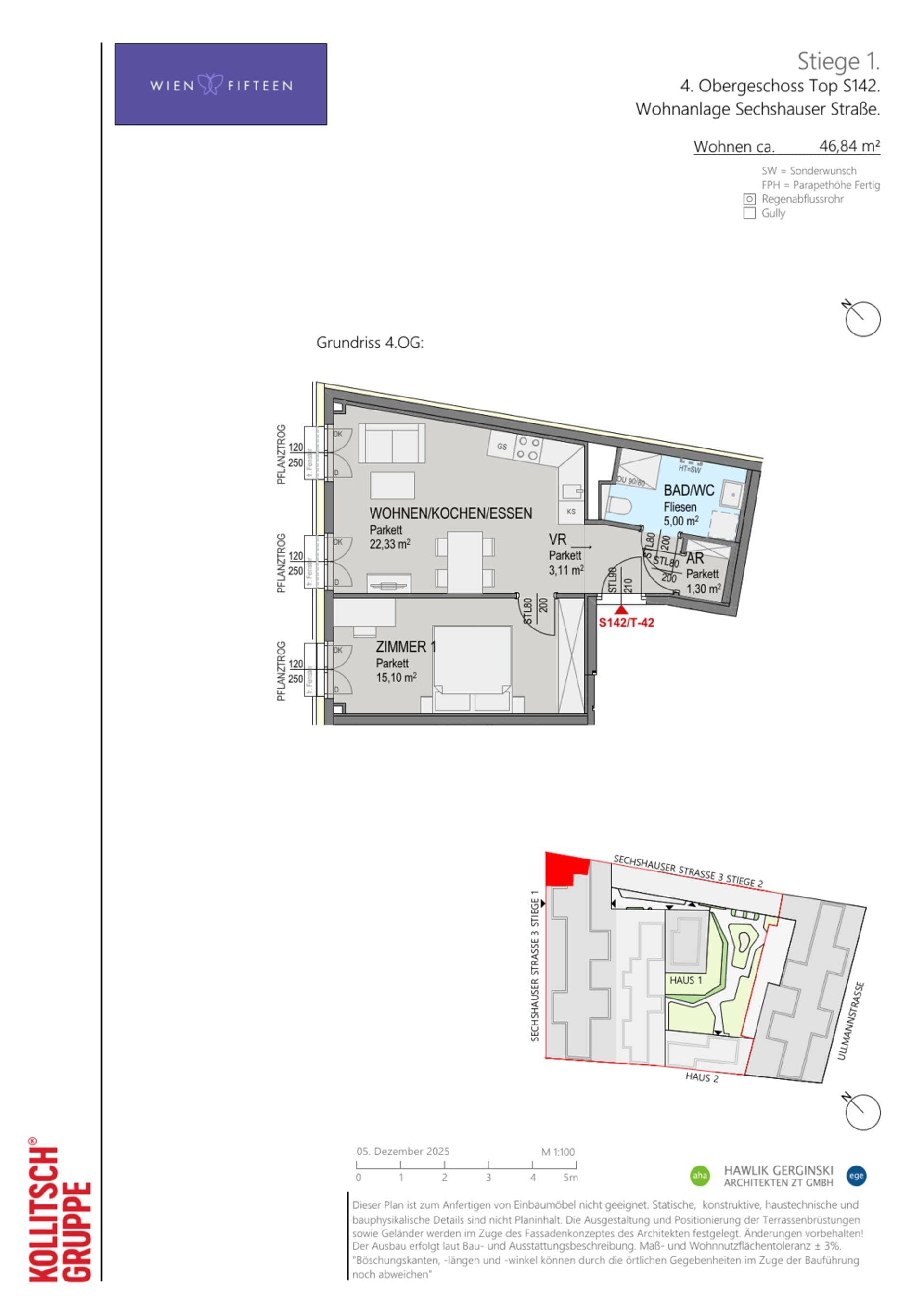 Grundriss Top S142 — WIEN FIFTEEN — 2 Zimmer — 46,8 m² — 4. OG