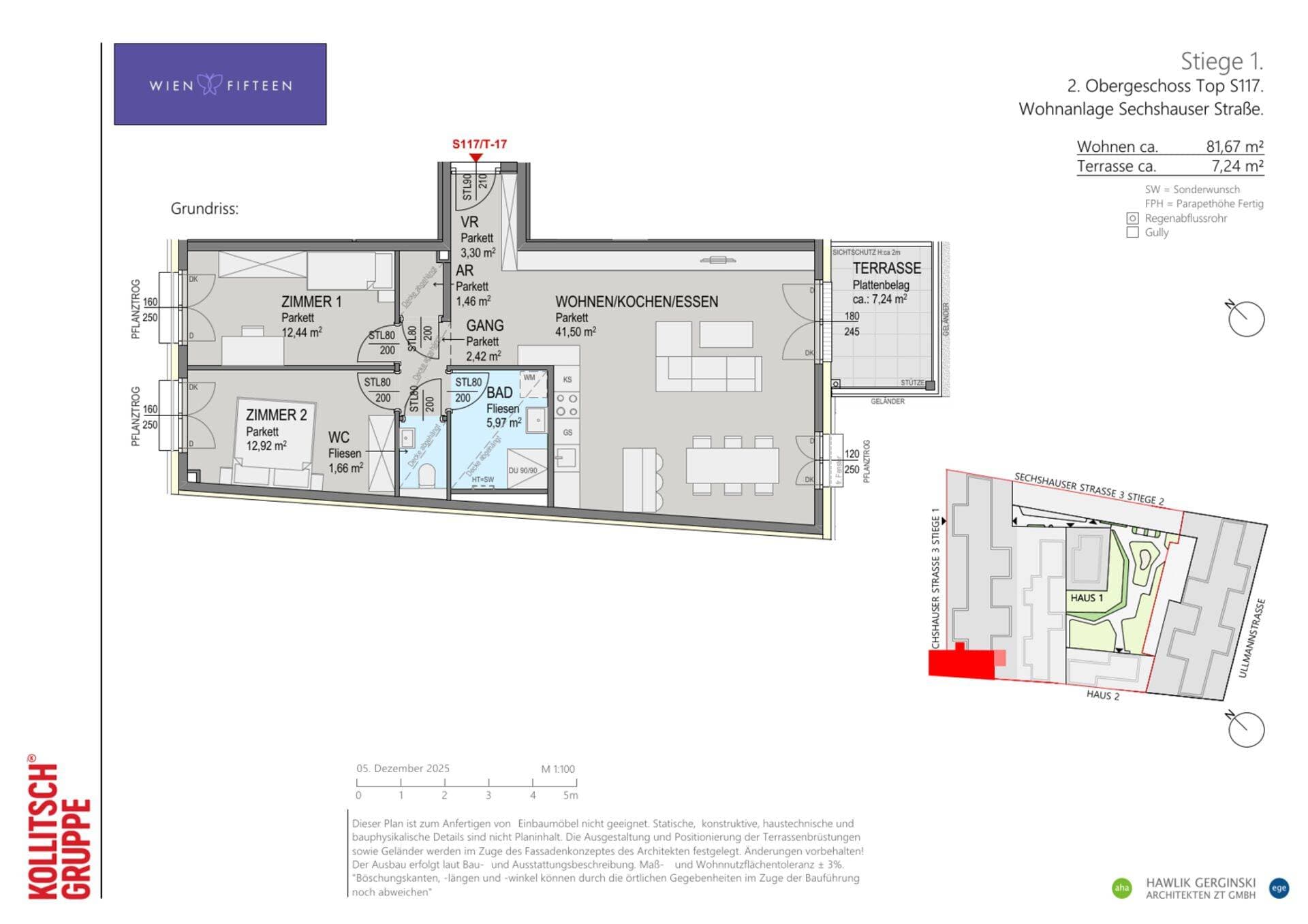 Grundriss Top S117 — WIEN FIFTEEN — 3 Zimmer — 81,7 m² — 2. OG