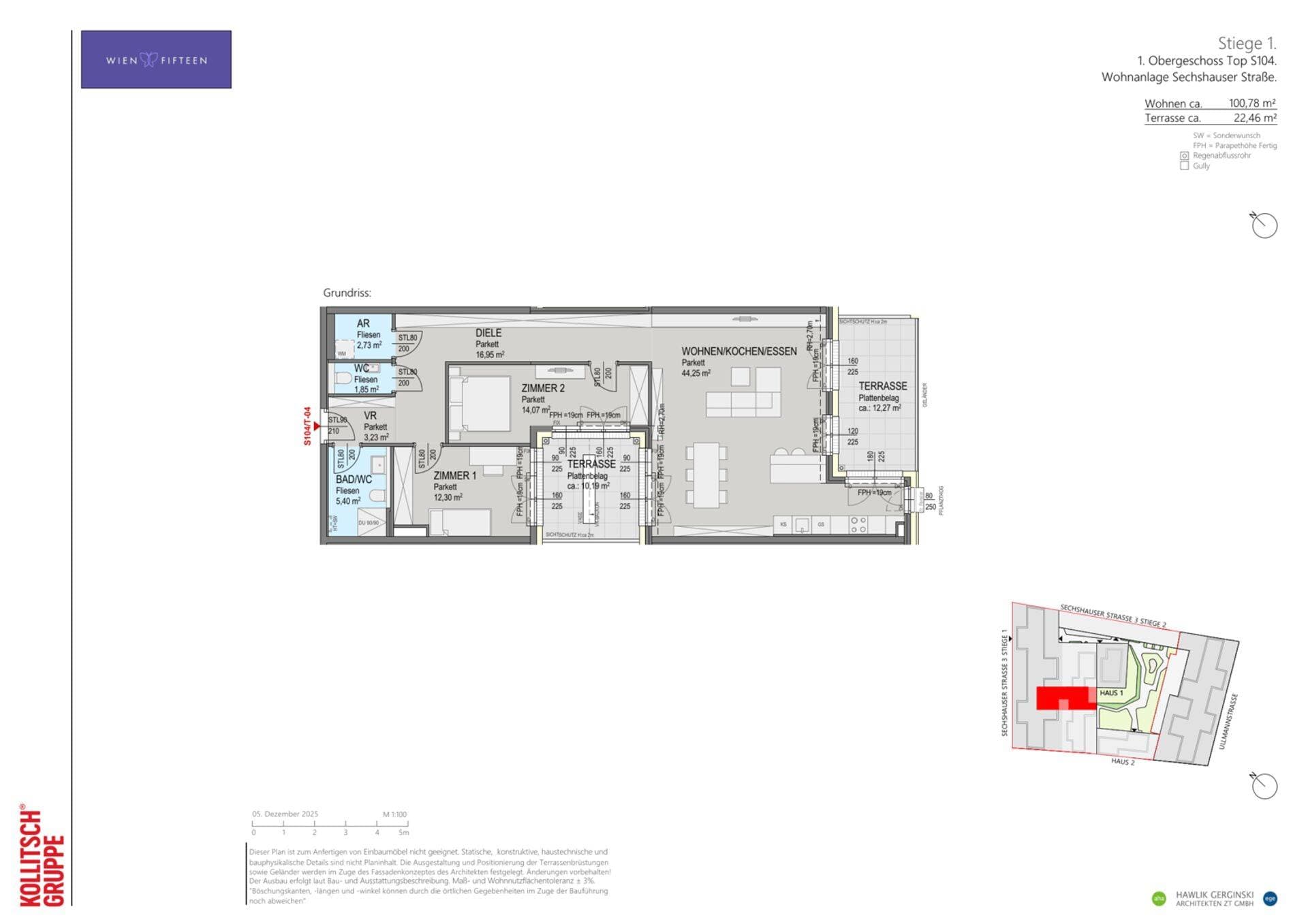 Grundriss Top S104 — WIEN FIFTEEN — 3 Zimmer — 100,8 m² — 1. OG