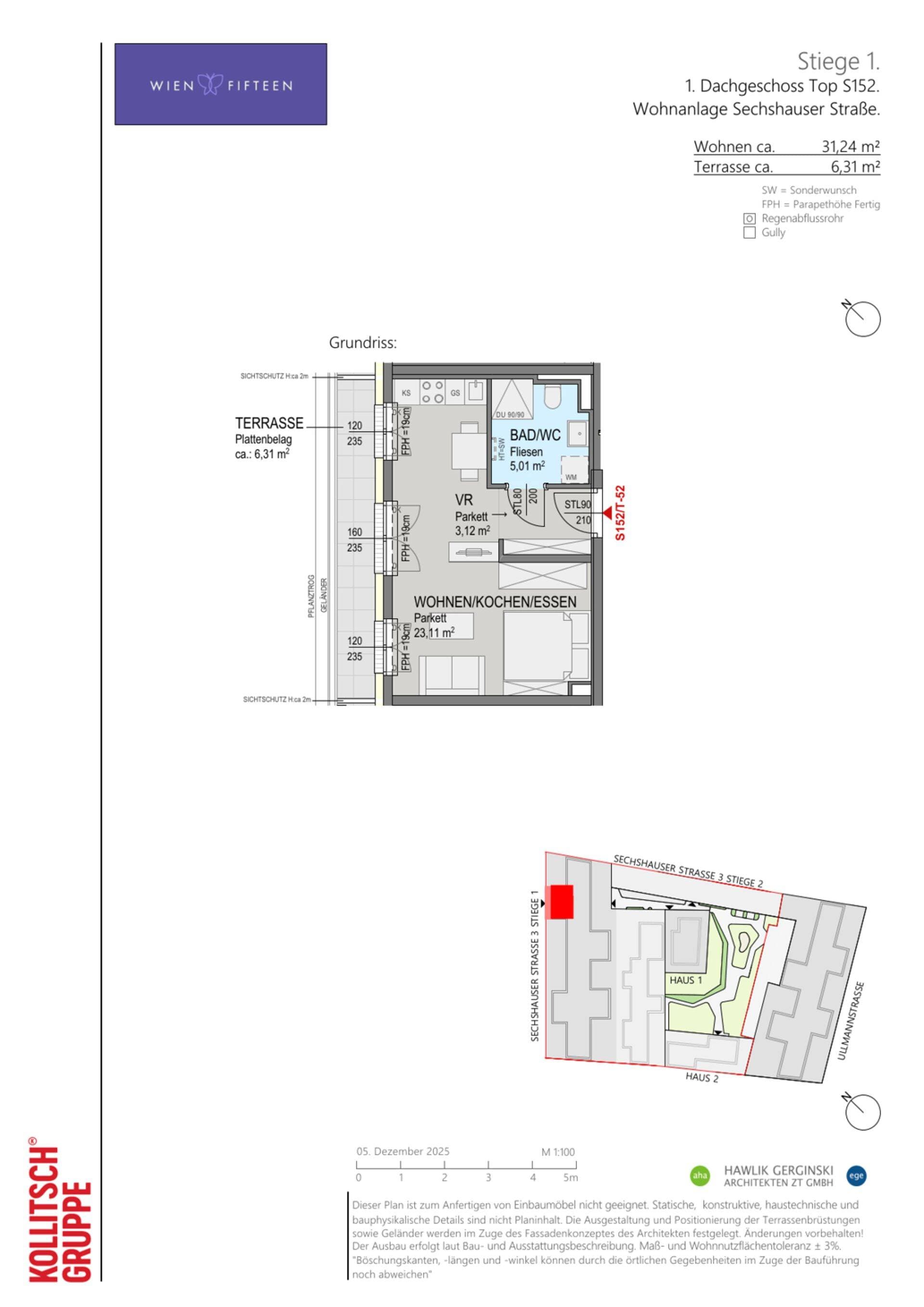 Grundriss Top S152 — WIEN FIFTEEN — 1 Zimmer — 31,2 m² — DG