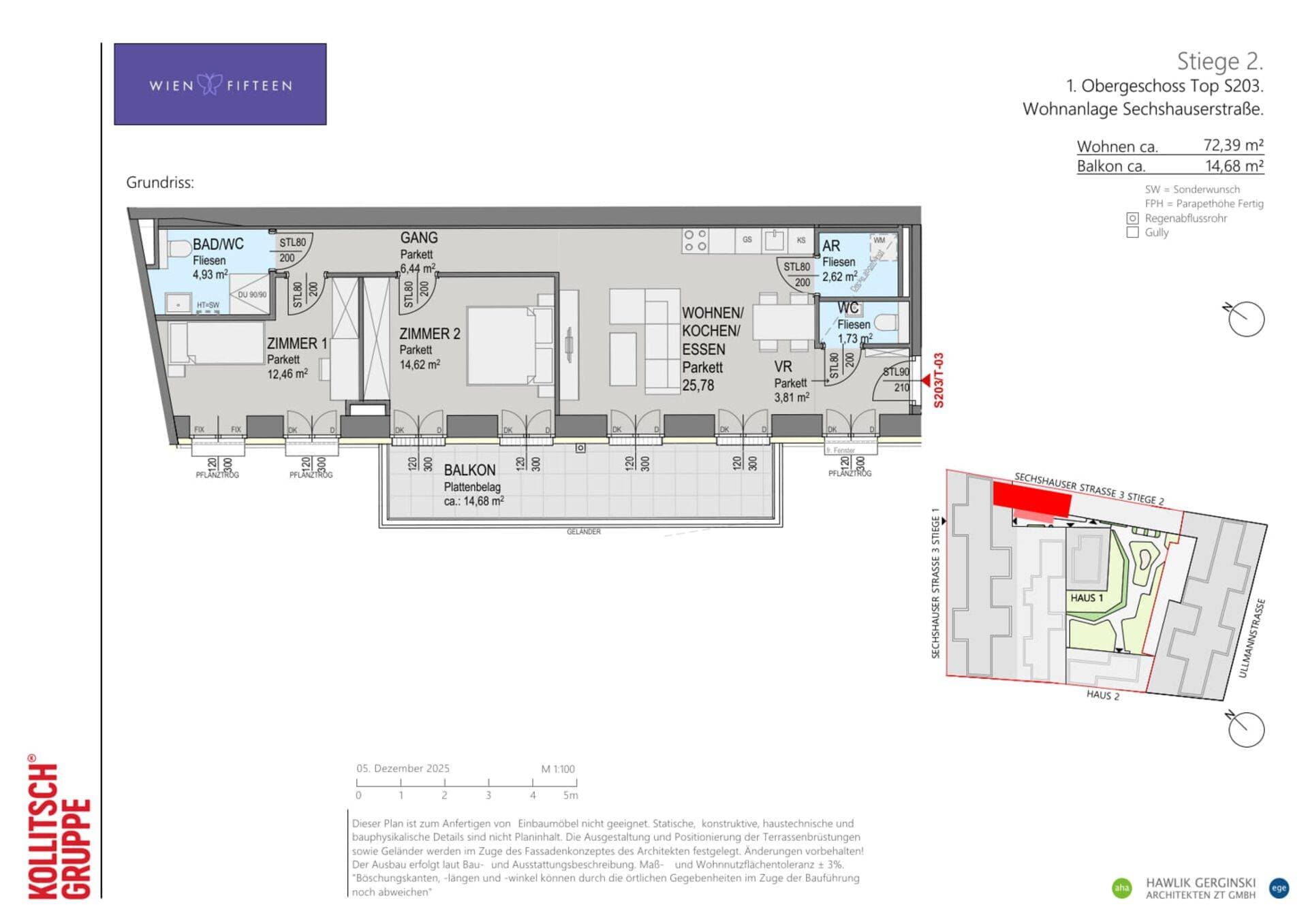 Grundriss Top S203 — WIEN FIFTEEN — 3 Zimmer — 72,4 m² — 2. OG