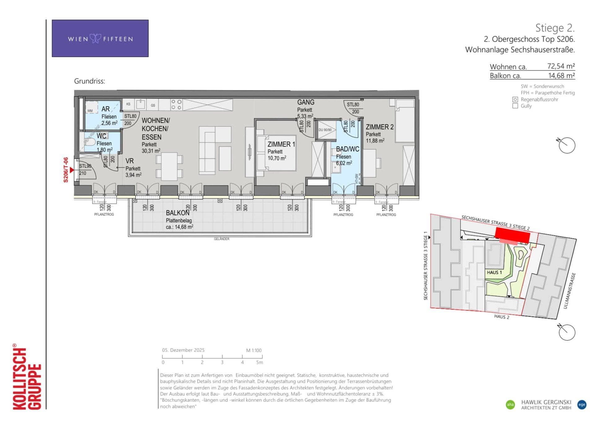 Grundriss Top S206 — WIEN FIFTEEN — 3 Zimmer — 72,5 m² — 3. OG