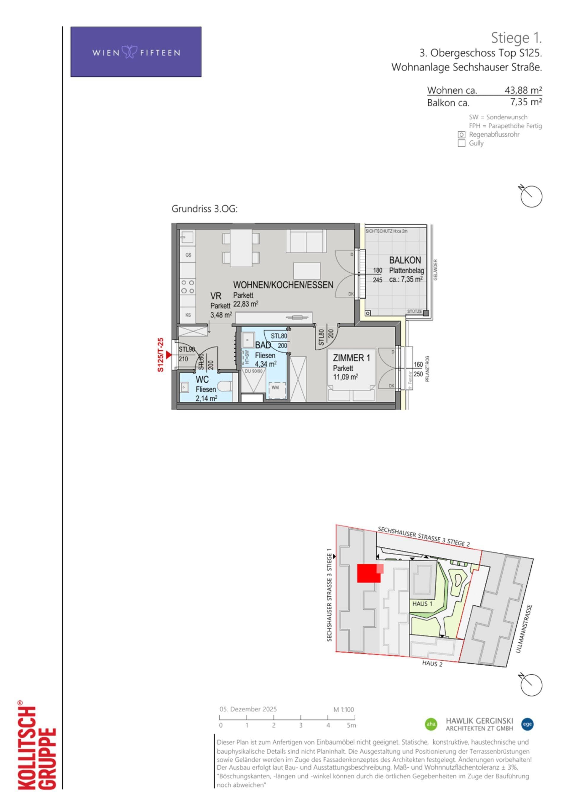 Grundriss Top S125 — WIEN FIFTEEN — 2 Zimmer — 43,9 m² — 3. OG