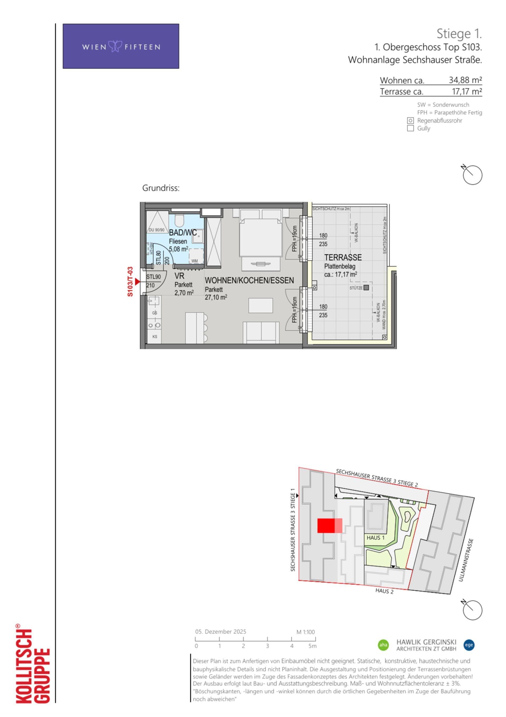 Grundriss Top S103 — WIEN FIFTEEN — 1 Zimmer — 34,9 m² — 1. OG