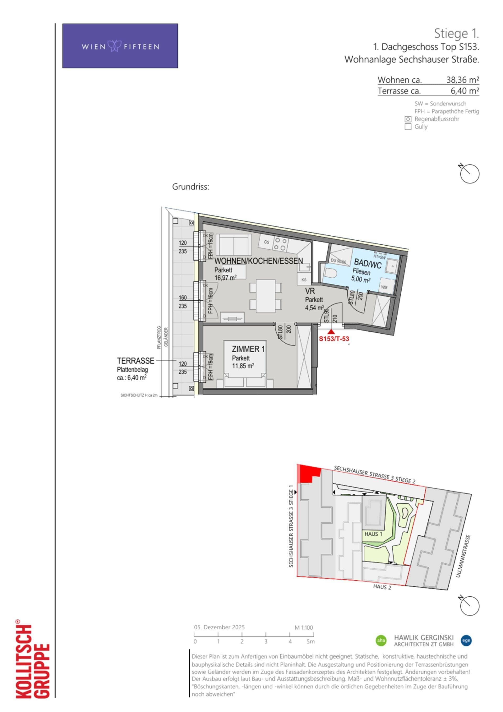 Grundriss Top S153 — WIEN FIFTEEN — 2 Zimmer — 38,4 m² — DG