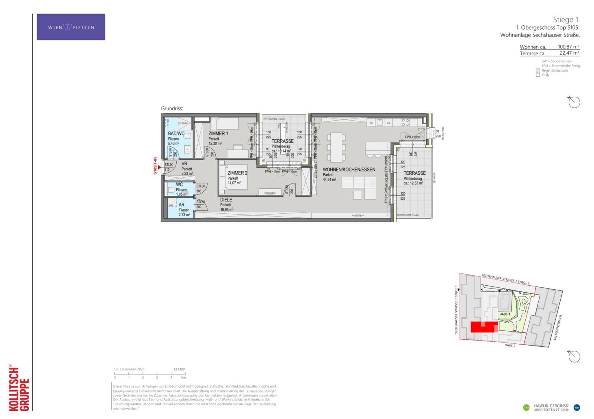 Grundriss Top S105 — WIEN FIFTEEN — 3 Zimmer — 100,9 m² — 1. OG