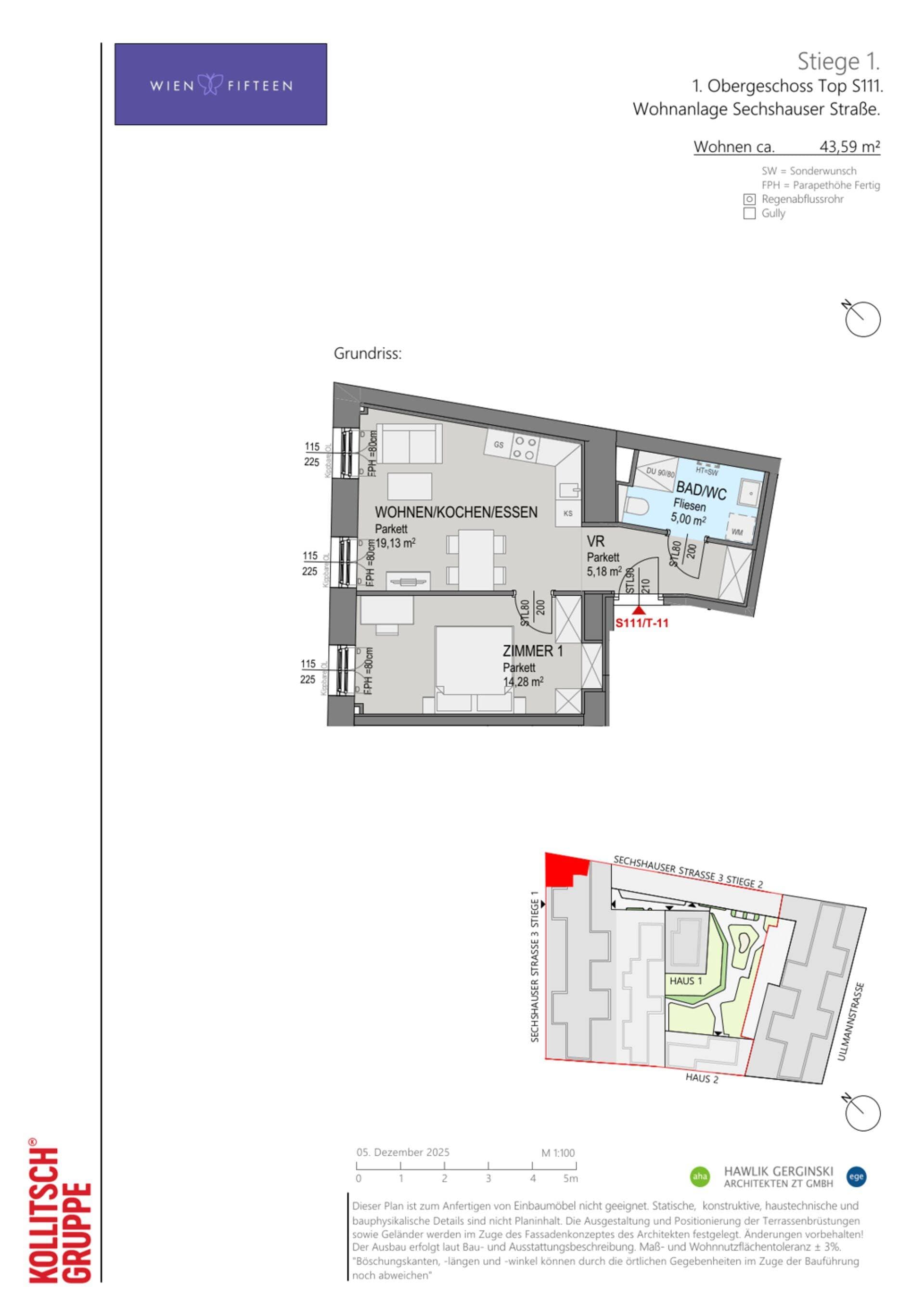 Grundriss Top S111 — WIEN FIFTEEN — 2 Zimmer — 43,6 m² — 1. OG