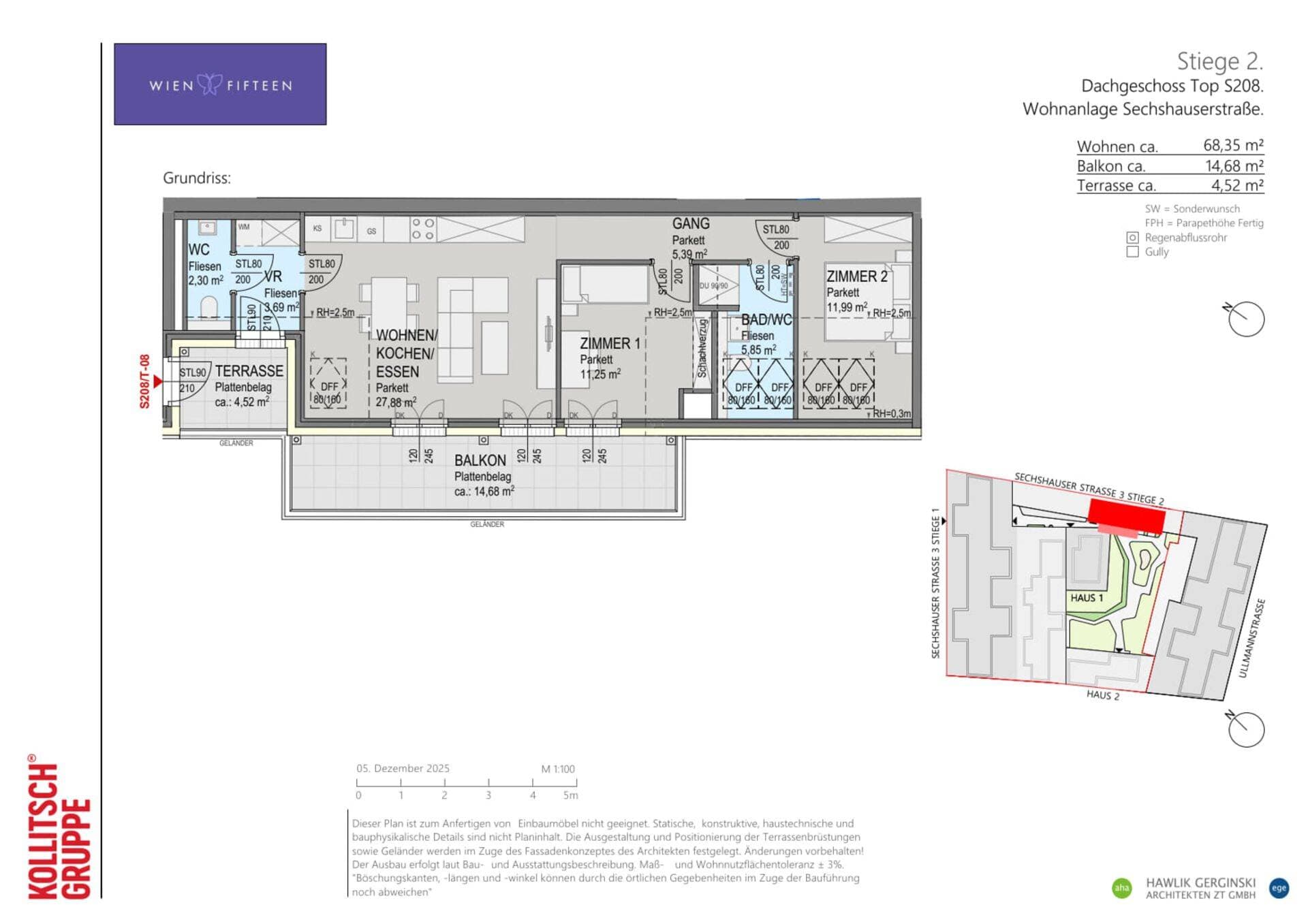 Grundriss Top S208 — WIEN FIFTEEN — 3 Zimmer — 68,4 m² — DG