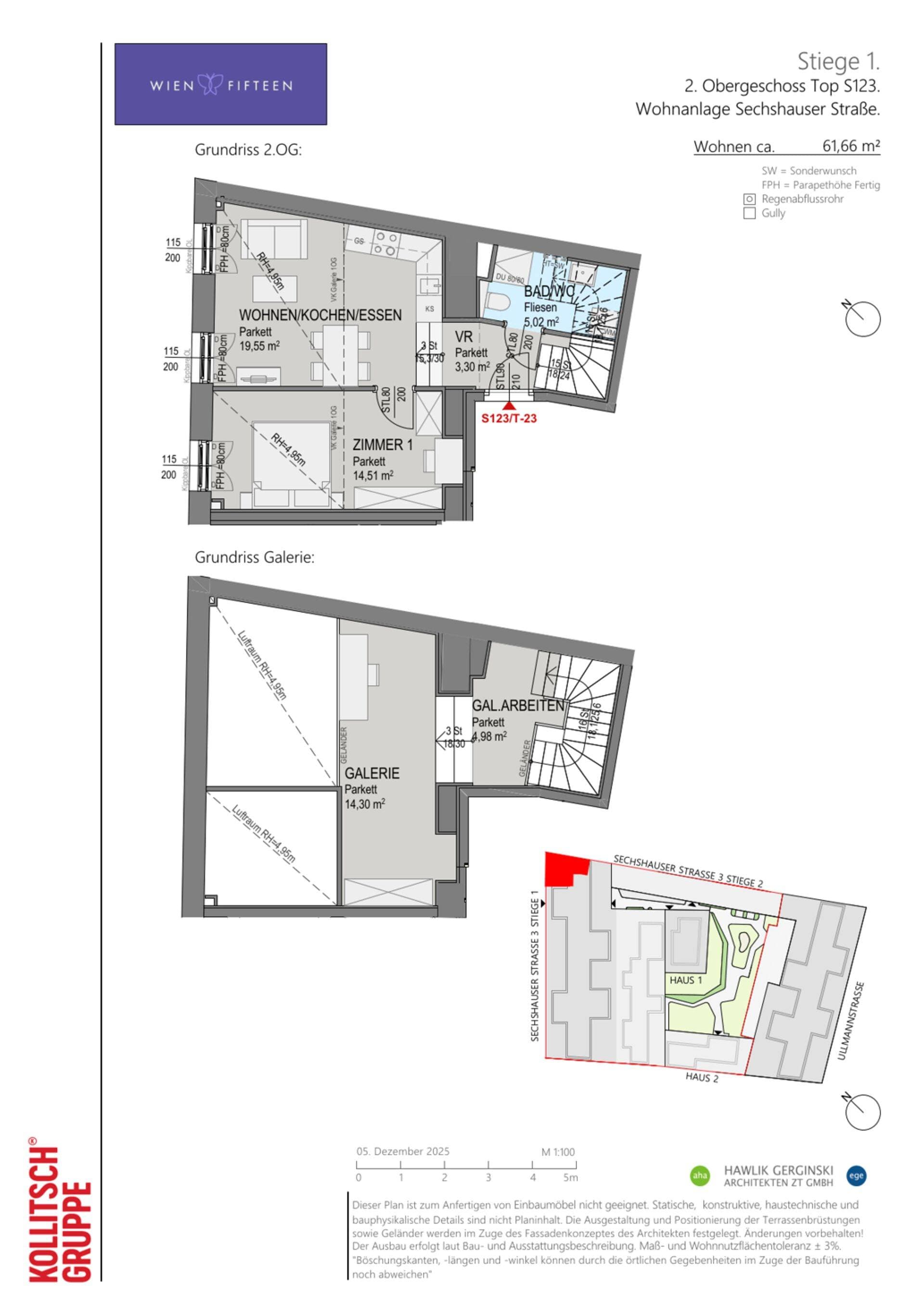 Grundriss Top S123 — WIEN FIFTEEN — 2 Zimmer — 61,7 m² — 2. OG