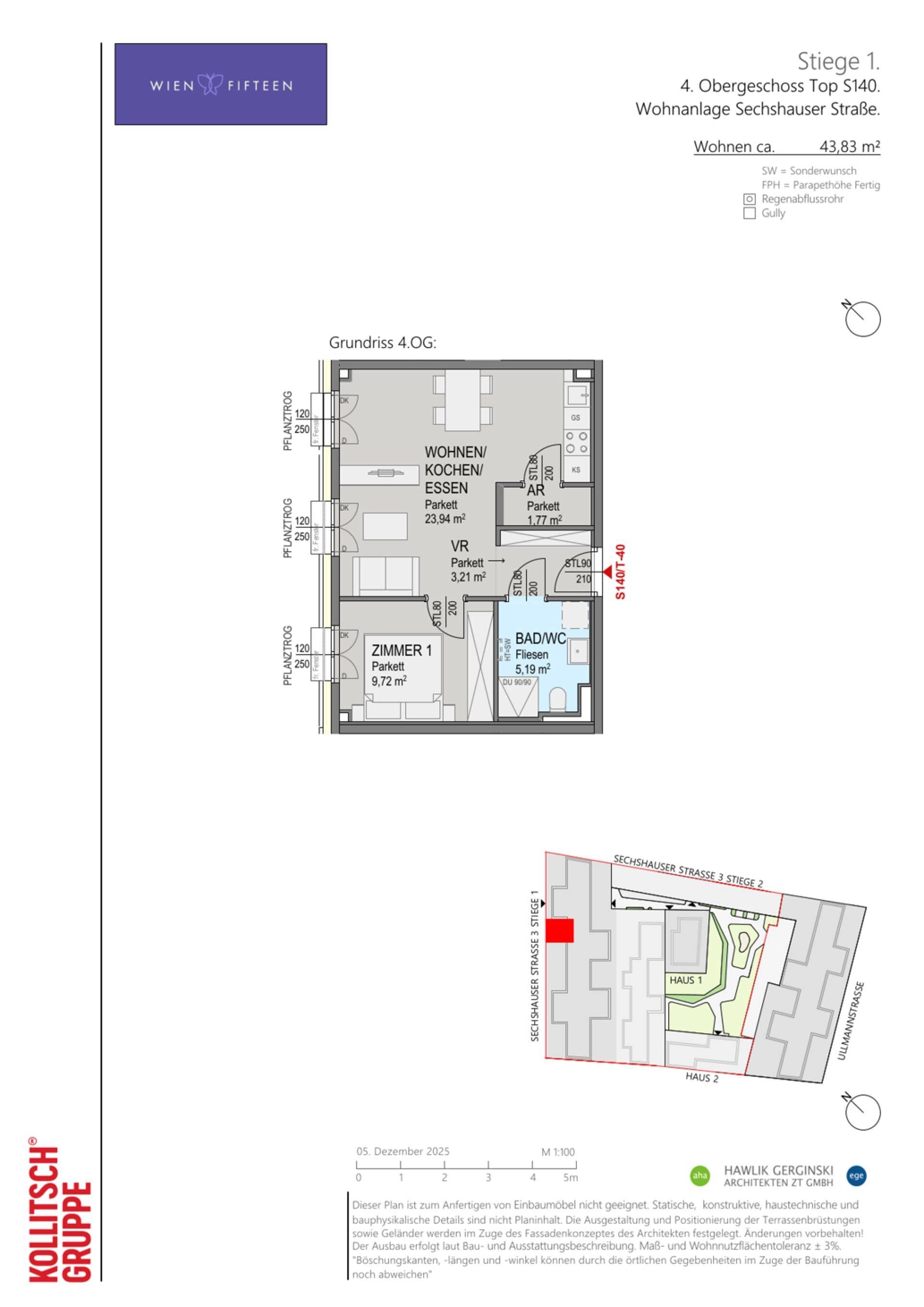 Grundriss Top S140 — WIEN FIFTEEN — 2 Zimmer — 43,8 m² — 4. OG
