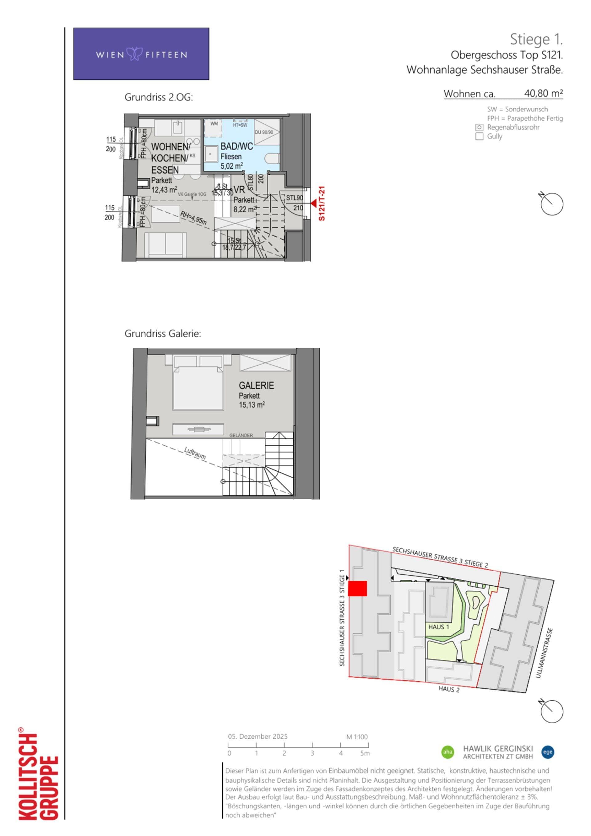 Grundriss Top S121 — WIEN FIFTEEN — 1 Zimmer — 40,8 m² — 2. OG