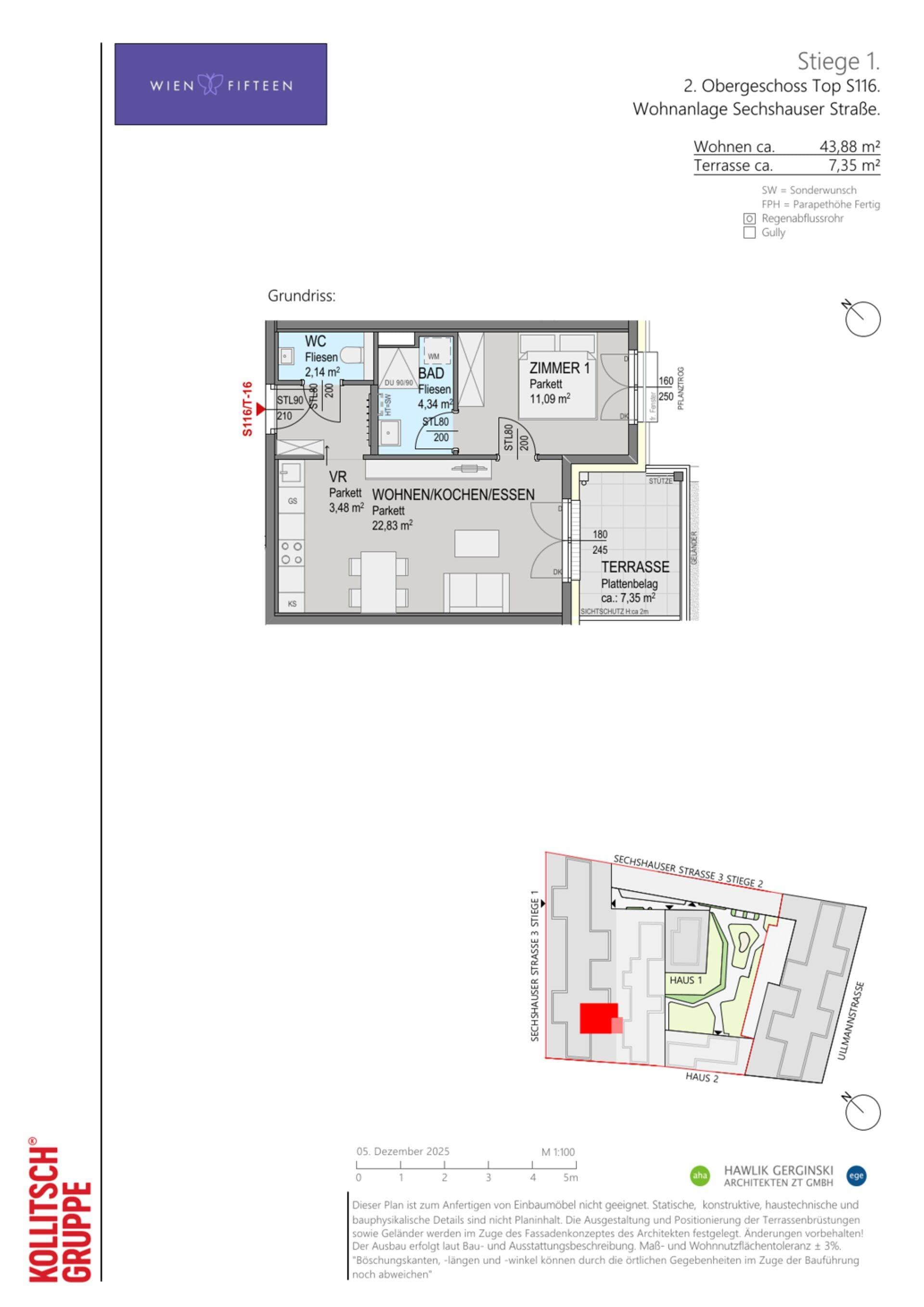Grundriss Top S116 — WIEN FIFTEEN — 2 Zimmer — 43,9 m² — 2. OG