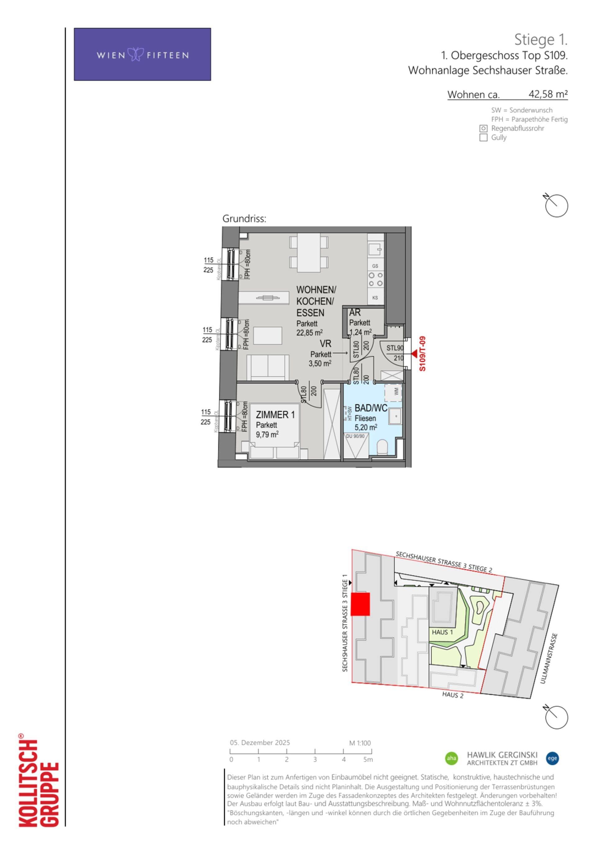Grundriss Top S109 — WIEN FIFTEEN — 2 Zimmer — 42,6 m² — 1. OG