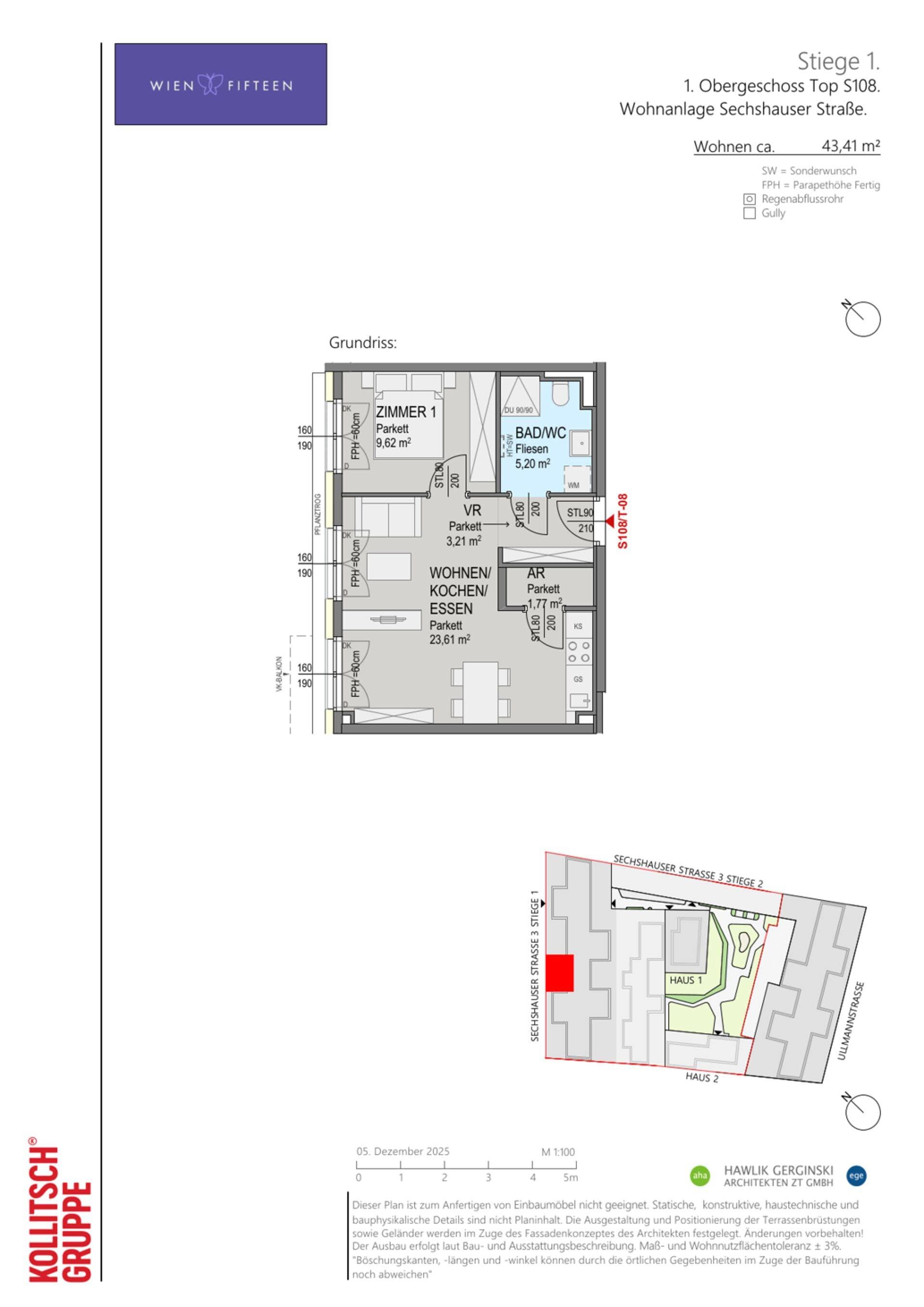Grundriss Top S108 — WIEN FIFTEEN — 2 Zimmer — 43,4 m² — 1. OG