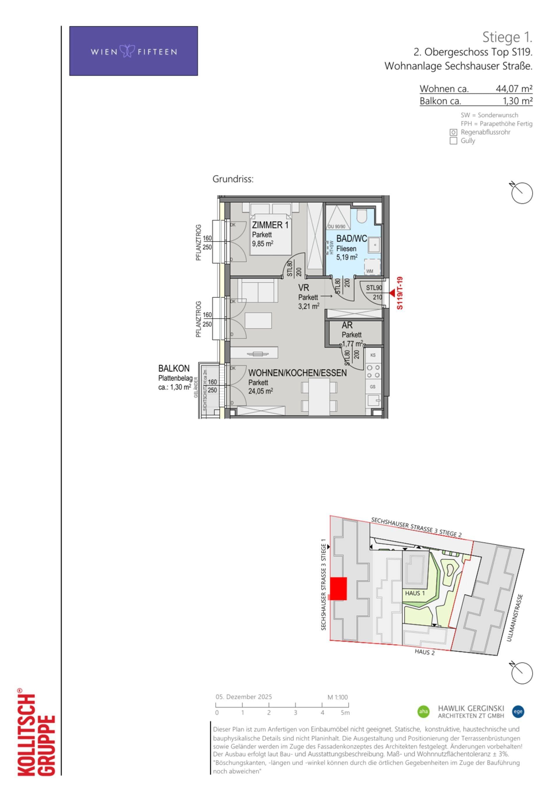 Grundriss Top S119 — WIEN FIFTEEN — 2 Zimmer — 44,1 m² — 2. OG