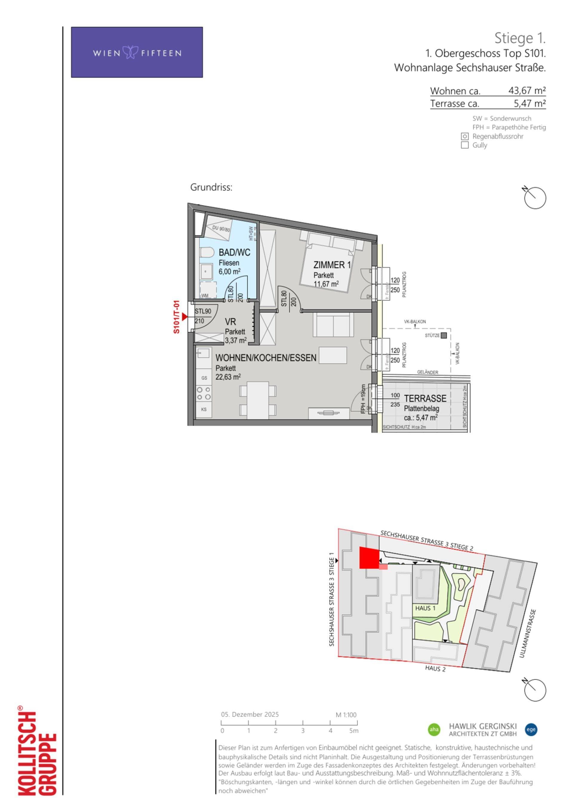 Grundriss Top S101 — WIEN FIFTEEN — 2 Zimmer — 43,7 m² — 1. OG