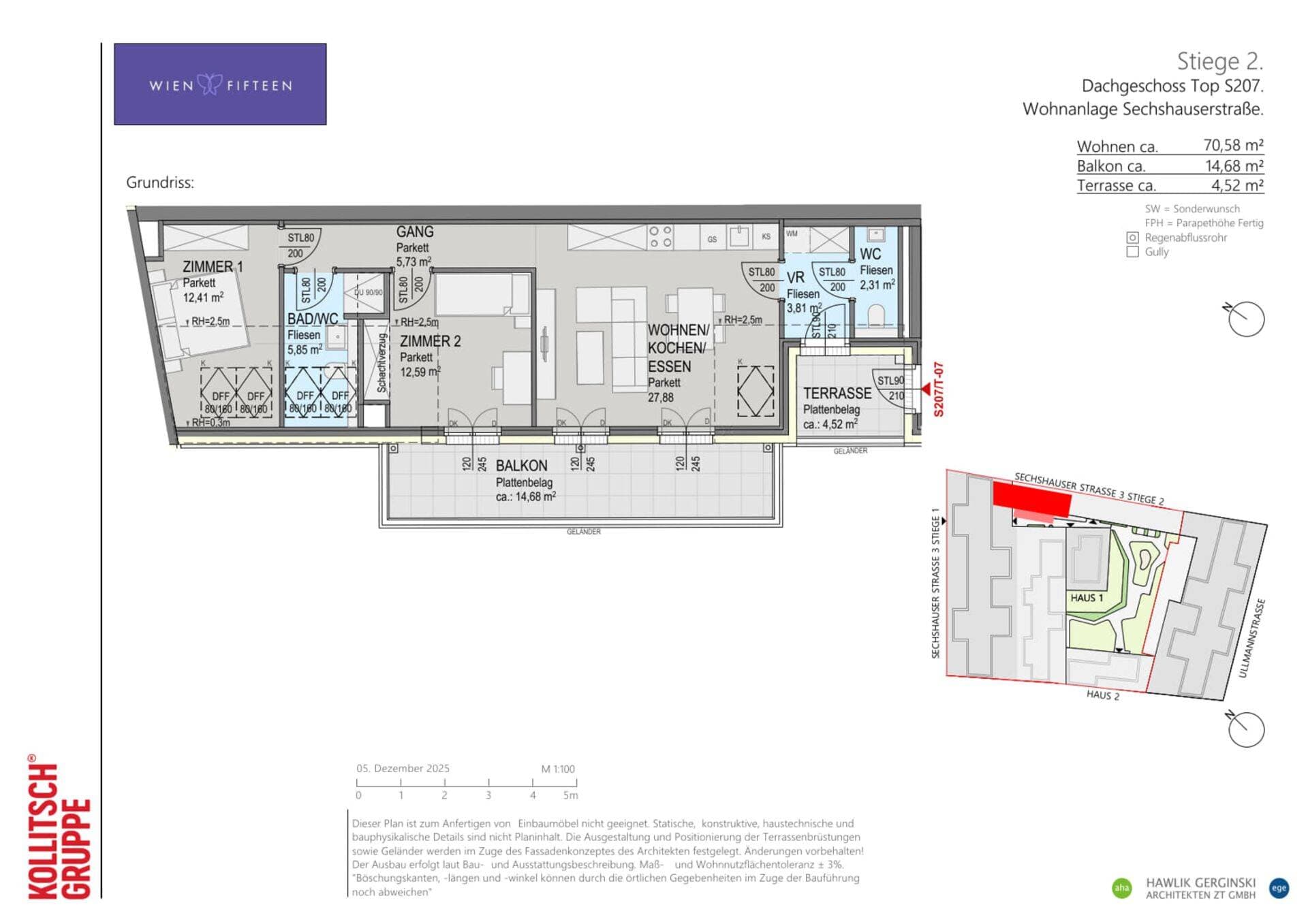 Grundriss Top S207 — WIEN FIFTEEN — 3 Zimmer — 70,6 m² — DG