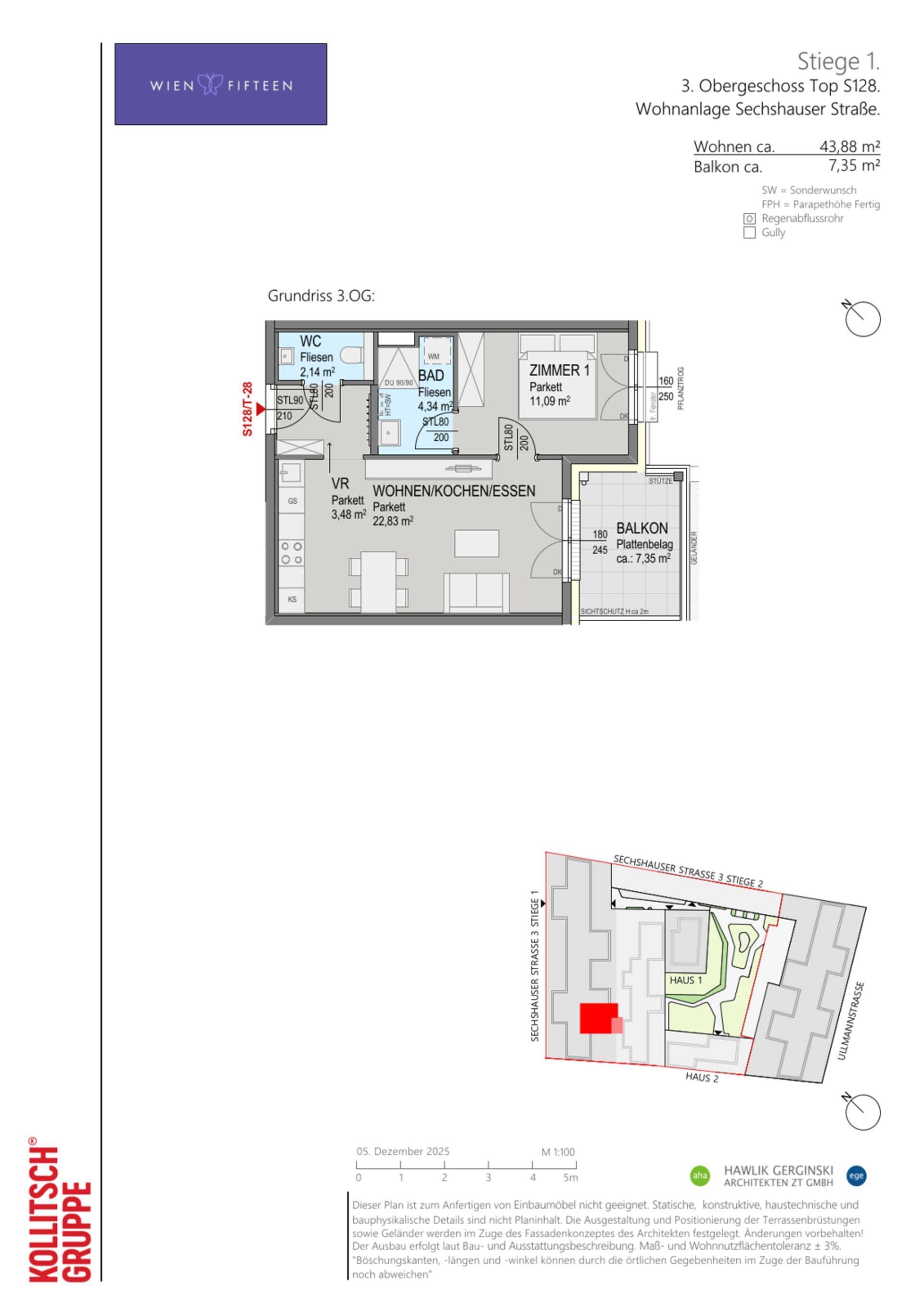 Grundriss Top S128 — WIEN FIFTEEN — 2 Zimmer — 43,9 m² — 3. OG