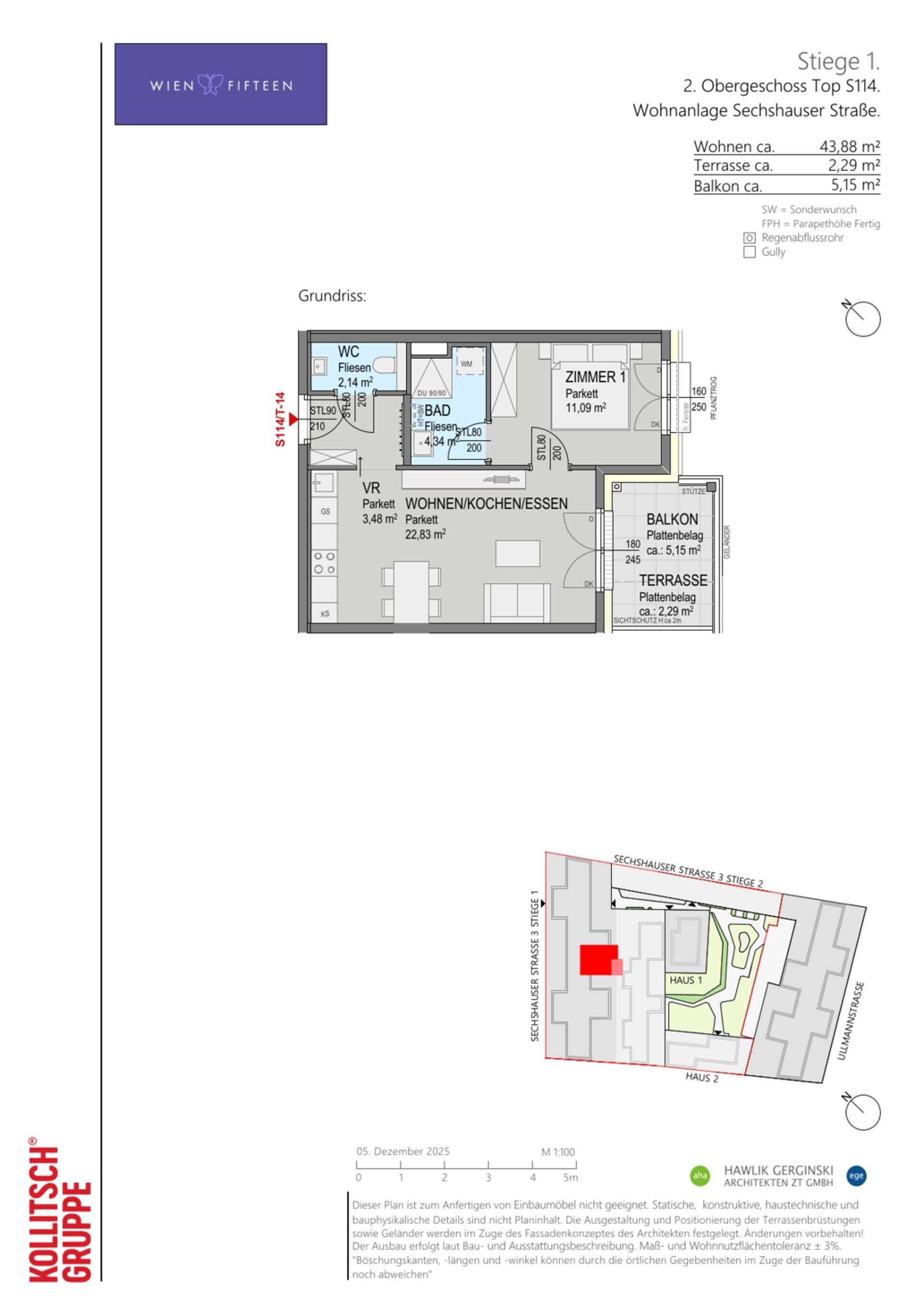 Grundriss Top S114 — WIEN FIFTEEN — 2 Zimmer — 43,9 m² — 2. OG