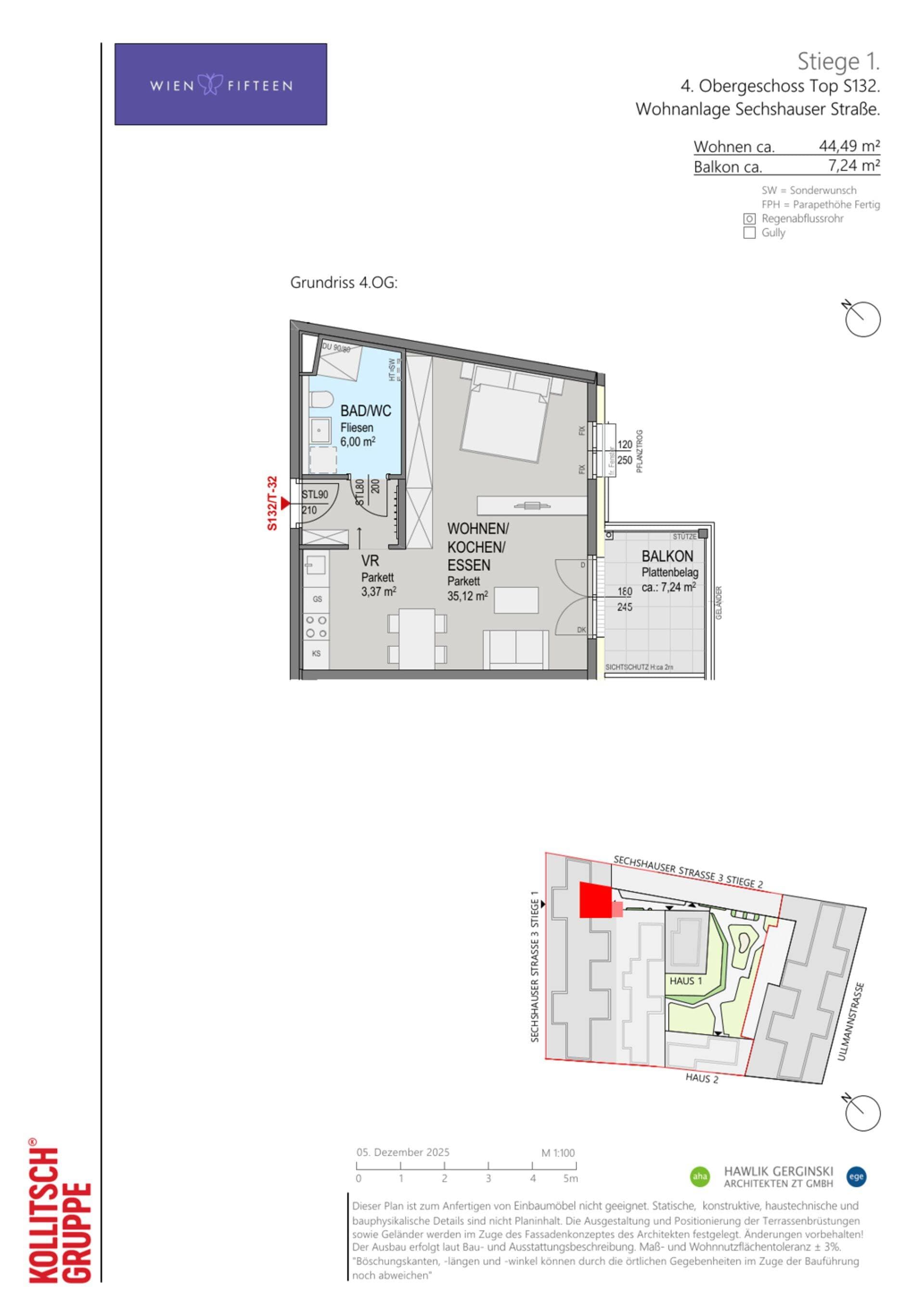 Grundriss Top S132 — WIEN FIFTEEN — 2 Zimmer — 44,5 m² — 4. OG