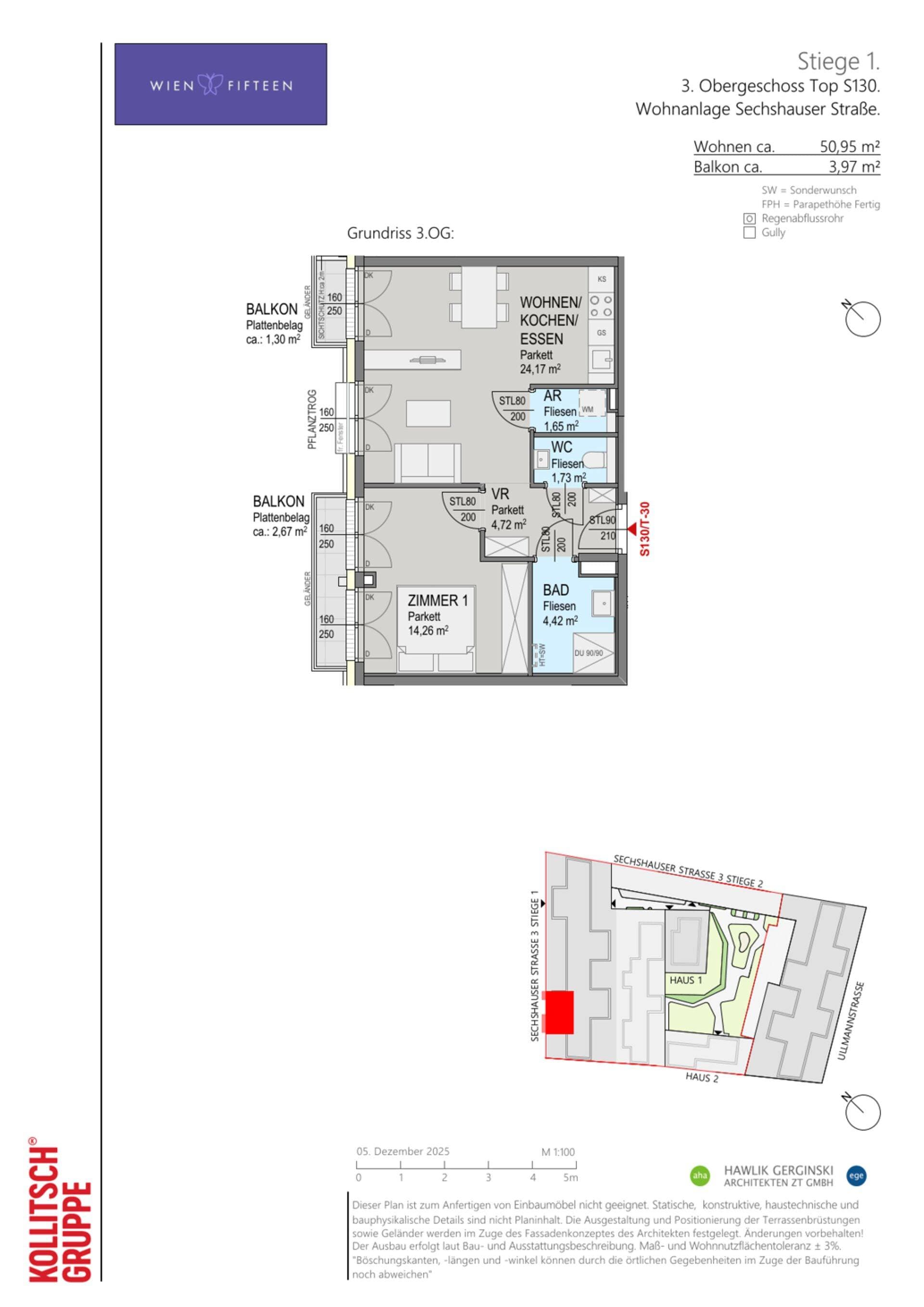 Grundriss Top S130 — WIEN FIFTEEN — 3 Zimmer — 51 m² — 3. OG