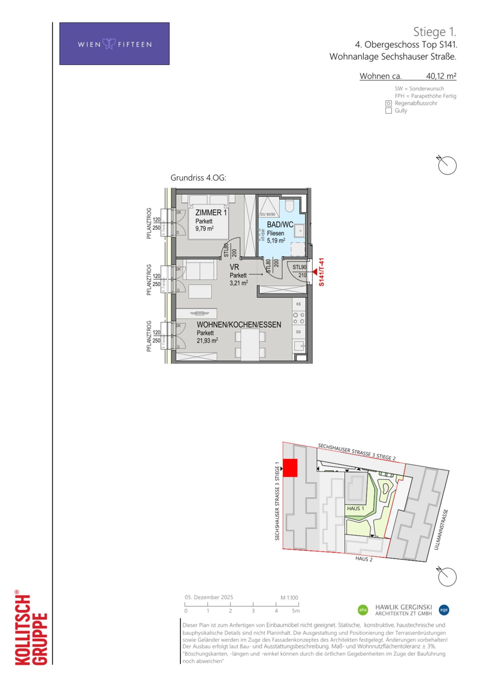 Grundriss Top S141 — WIEN FIFTEEN — 2 Zimmer — 40,1 m² — 4. OG