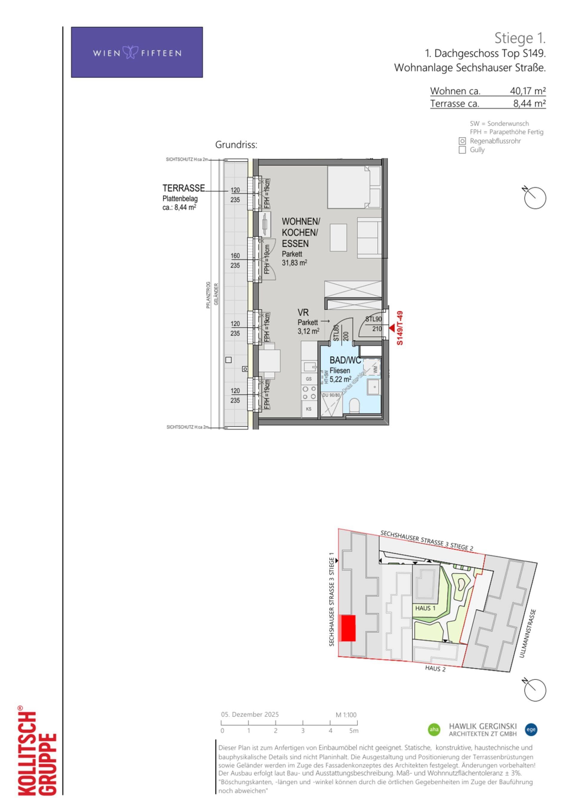 Grundriss Top S149 — WIEN FIFTEEN — 1 Zimmer — 40,2 m² — DG