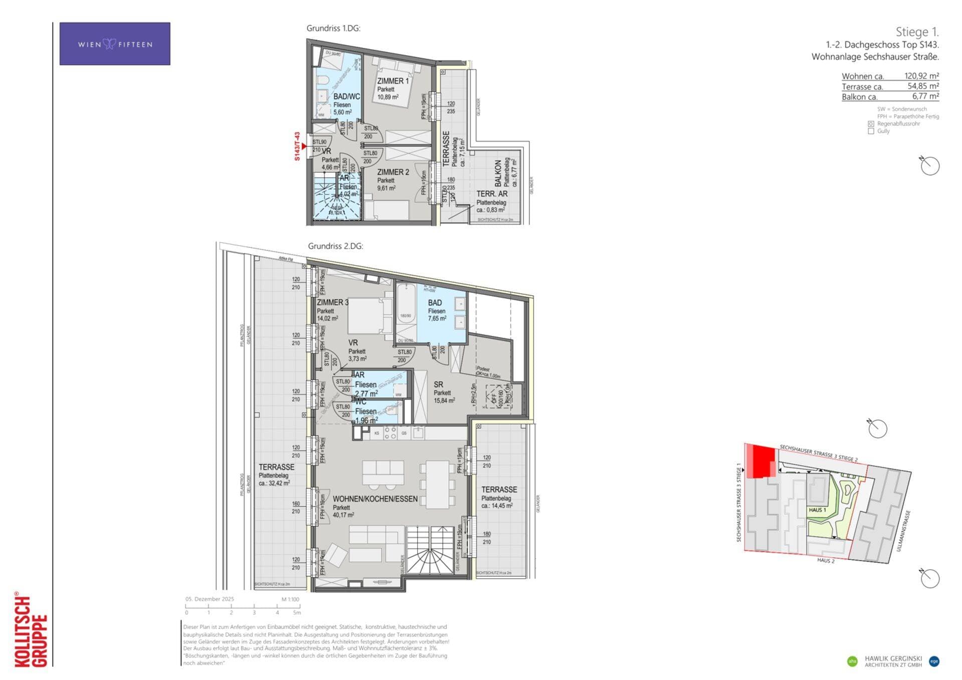 Grundriss Top S143 — WIEN FIFTEEN — 4 Zimmer — 120,9 m² — DG