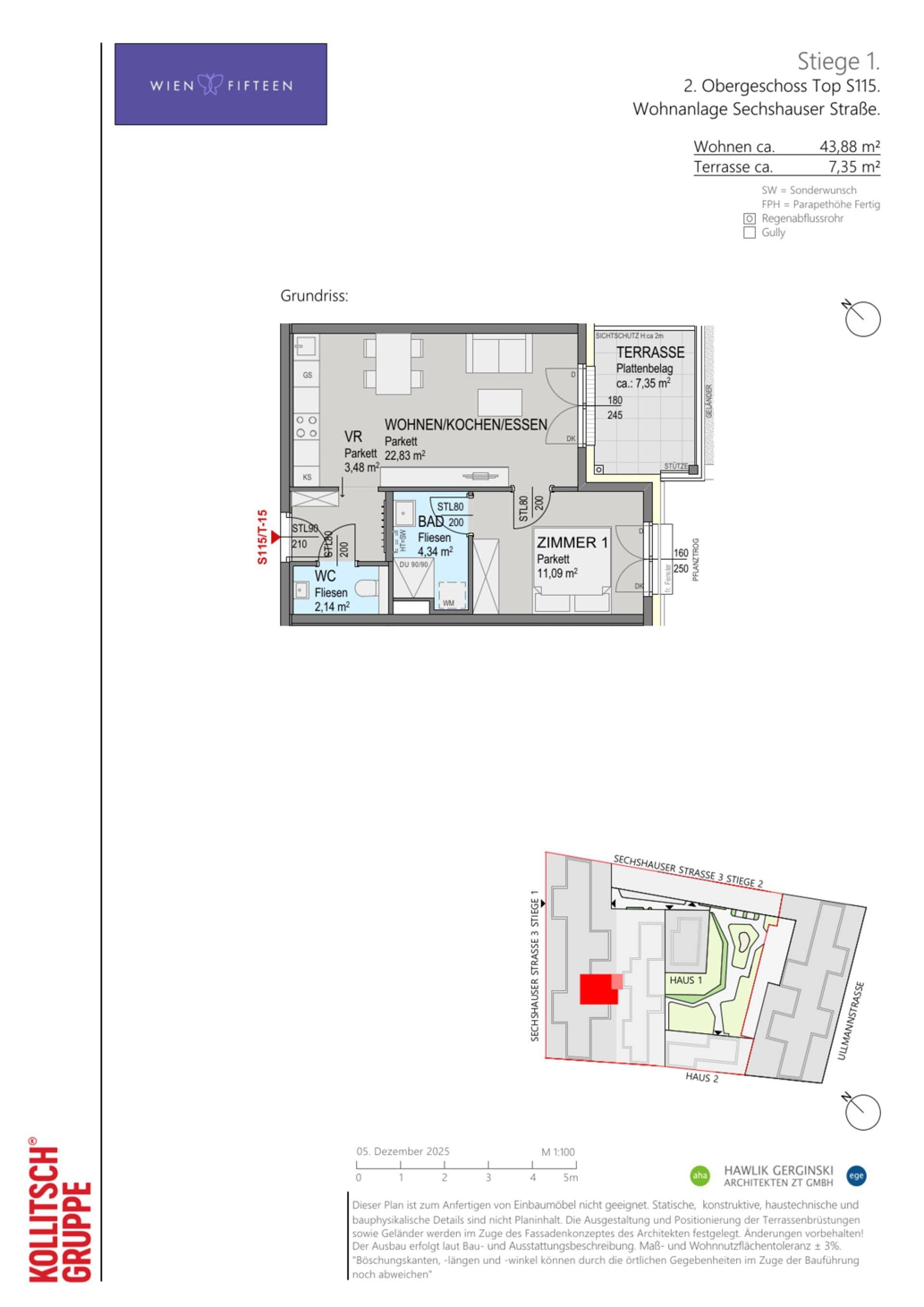 Grundriss Top S115 — WIEN FIFTEEN — 2 Zimmer — 43,9 m² — 2. OG