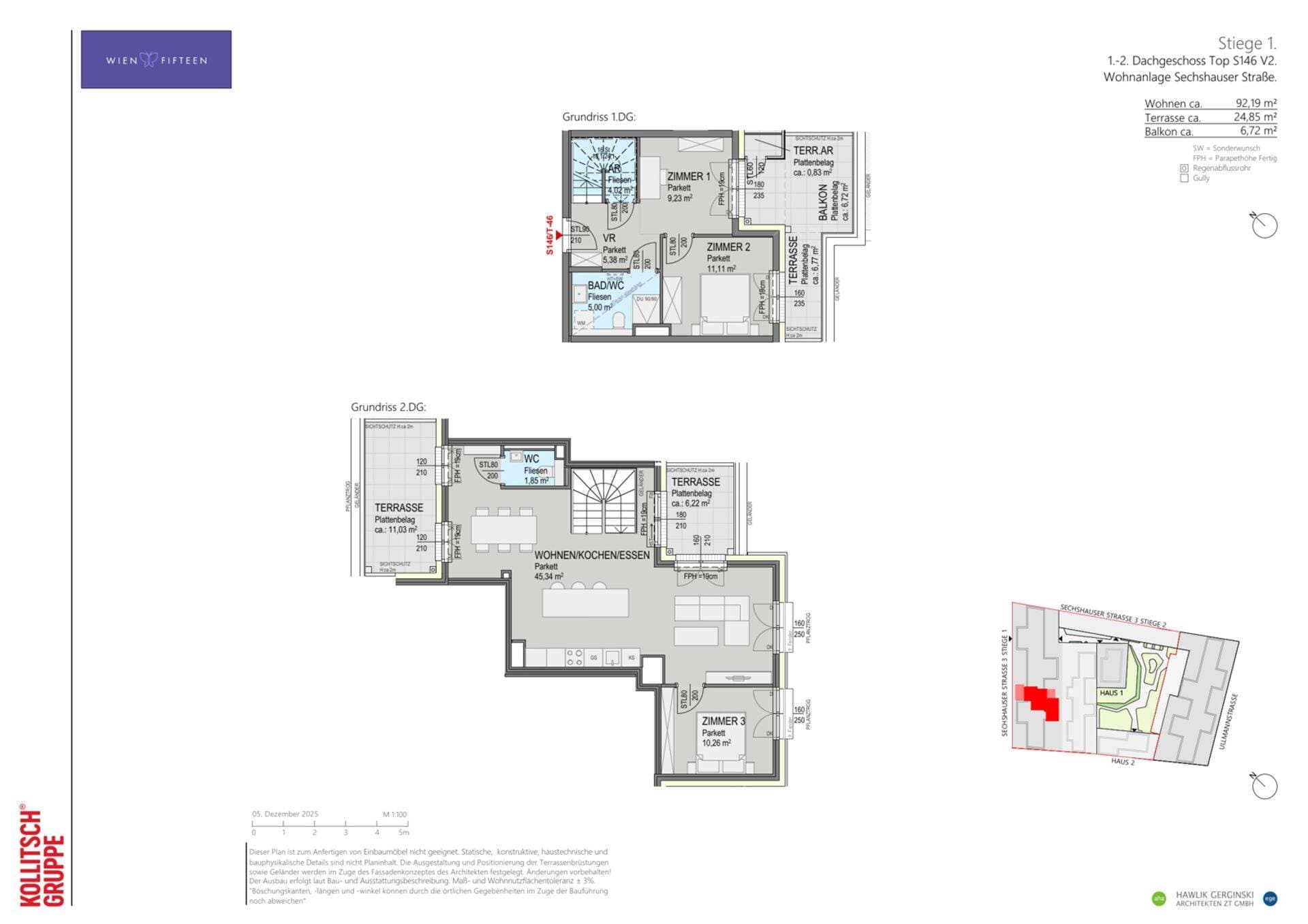 Grundriss Top S146 — WIEN FIFTEEN — 3 Zimmer — 92,2 m² — DG