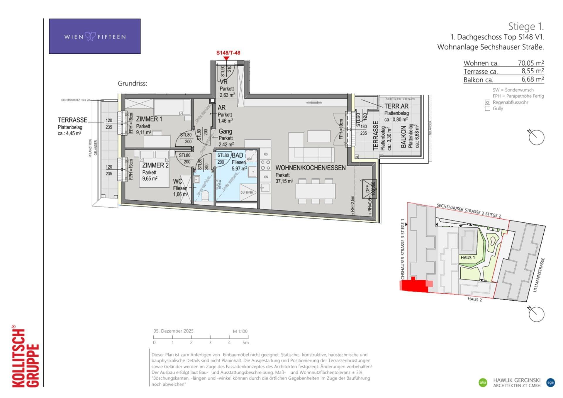 Grundriss Top S148 — WIEN FIFTEEN — 3 Zimmer — 70,1 m² — DG