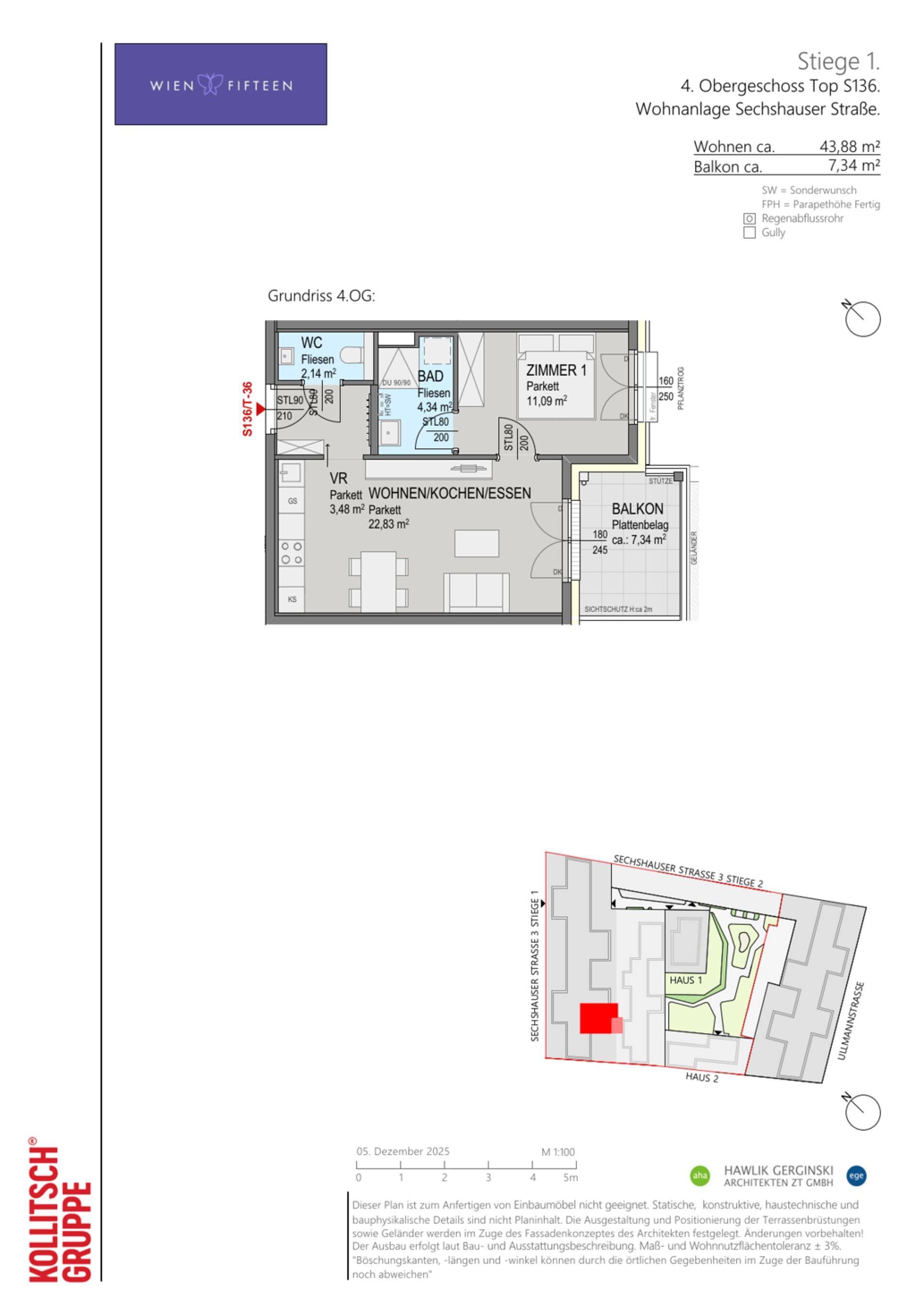 Grundriss Top S136 — WIEN FIFTEEN — 2 Zimmer — 43,9 m² — 4. OG