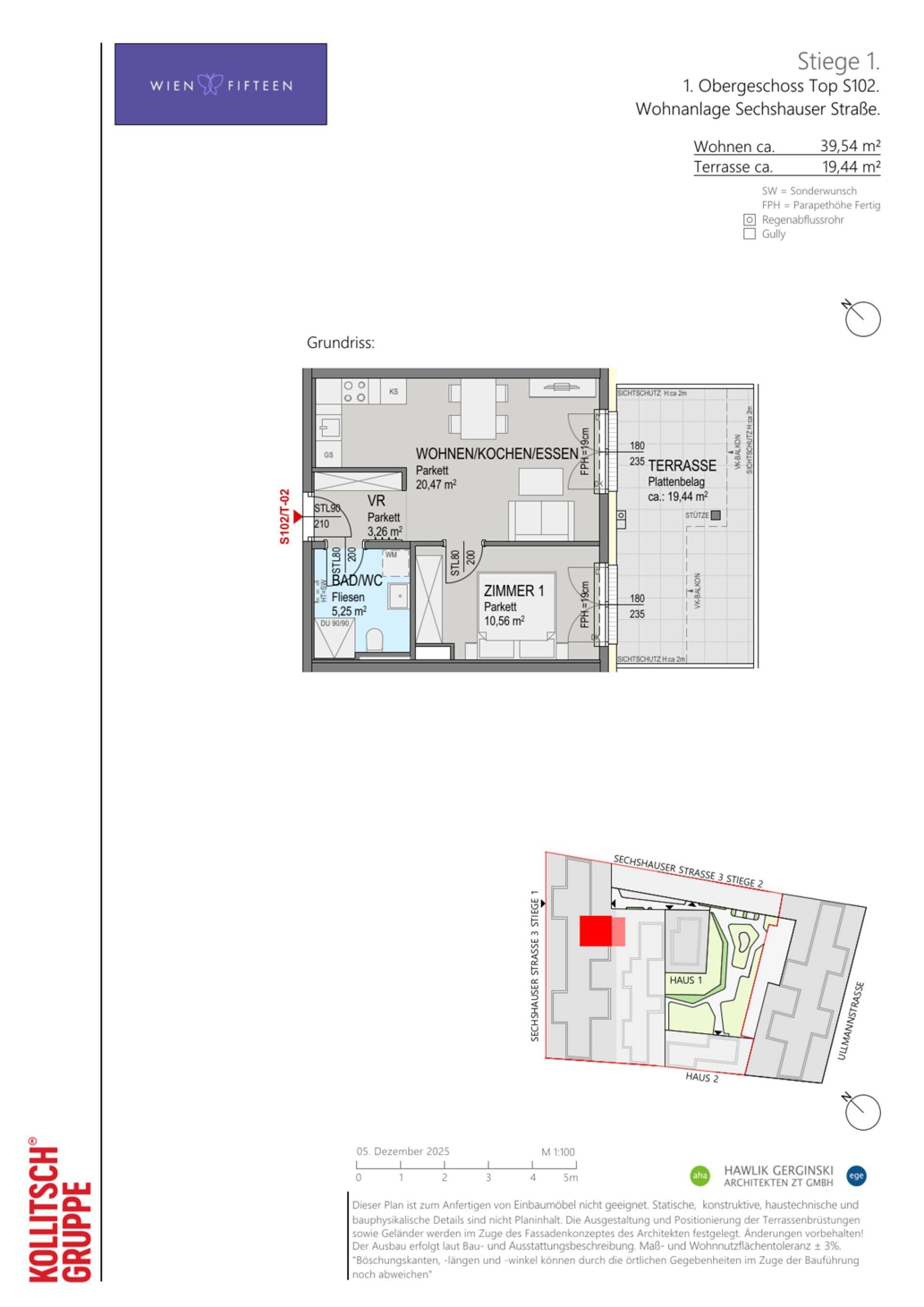 Grundriss Top S102 — WIEN FIFTEEN — 2 Zimmer — 39,5 m² — 1. OG