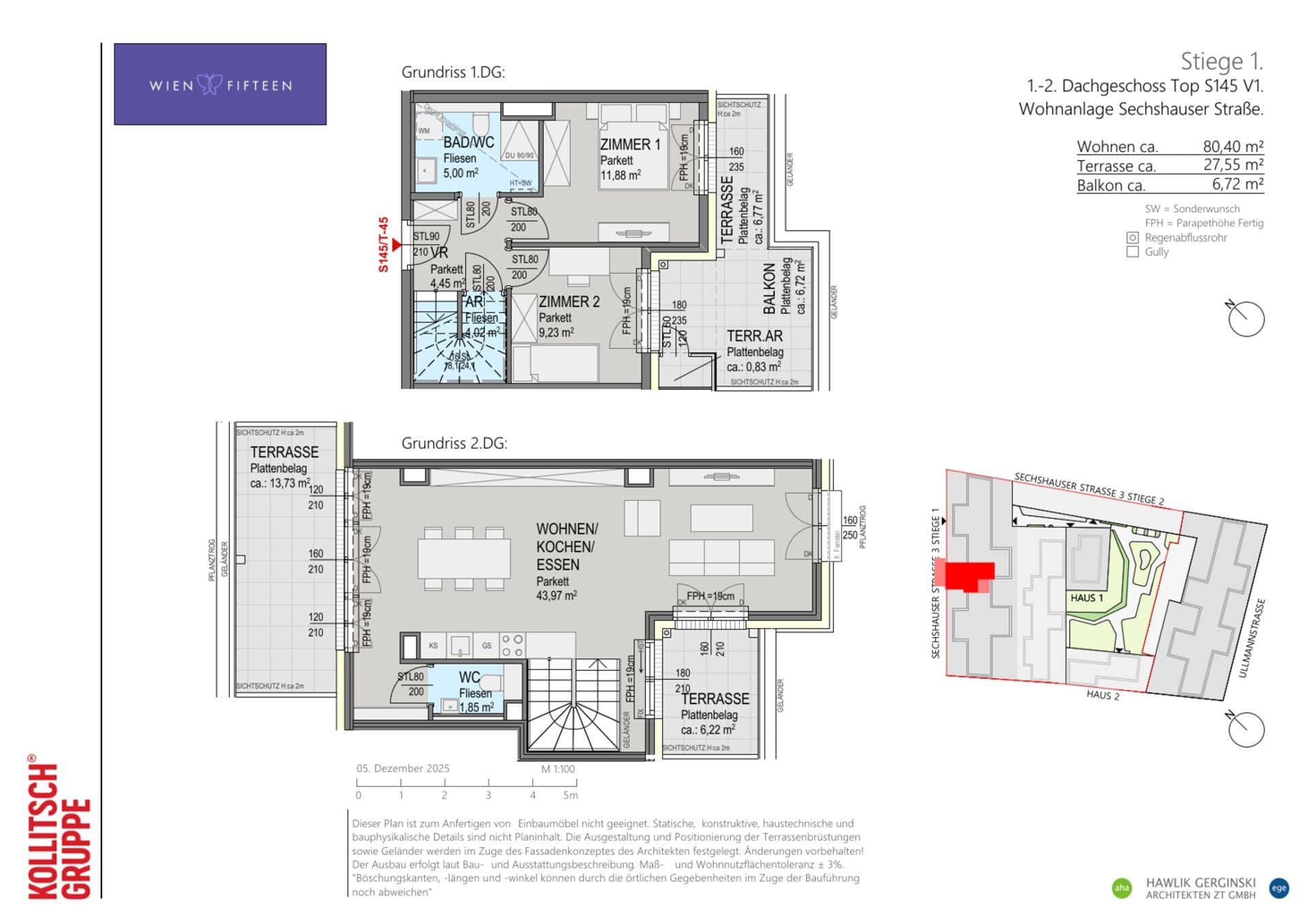 Grundriss Top S145 — WIEN FIFTEEN — 3 Zimmer — 80,4 m² — DG