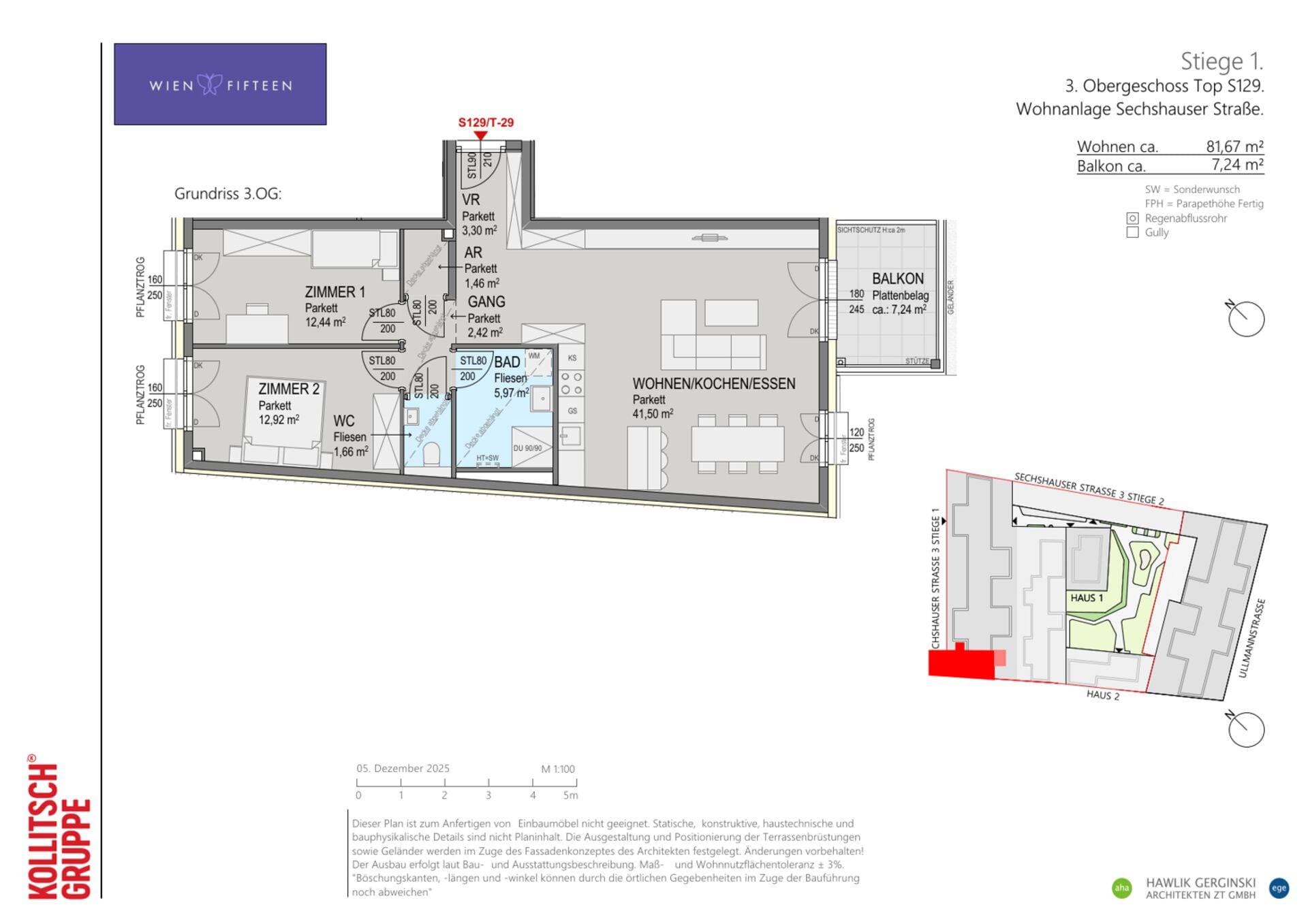Grundriss Top S129 — WIEN FIFTEEN — 3 Zimmer — 81,7 m² — 3. OG