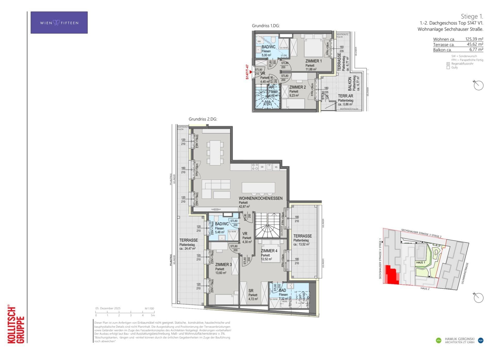 Grundriss Top S147 — WIEN FIFTEEN — 5 Zimmer — 125,4 m² — DG