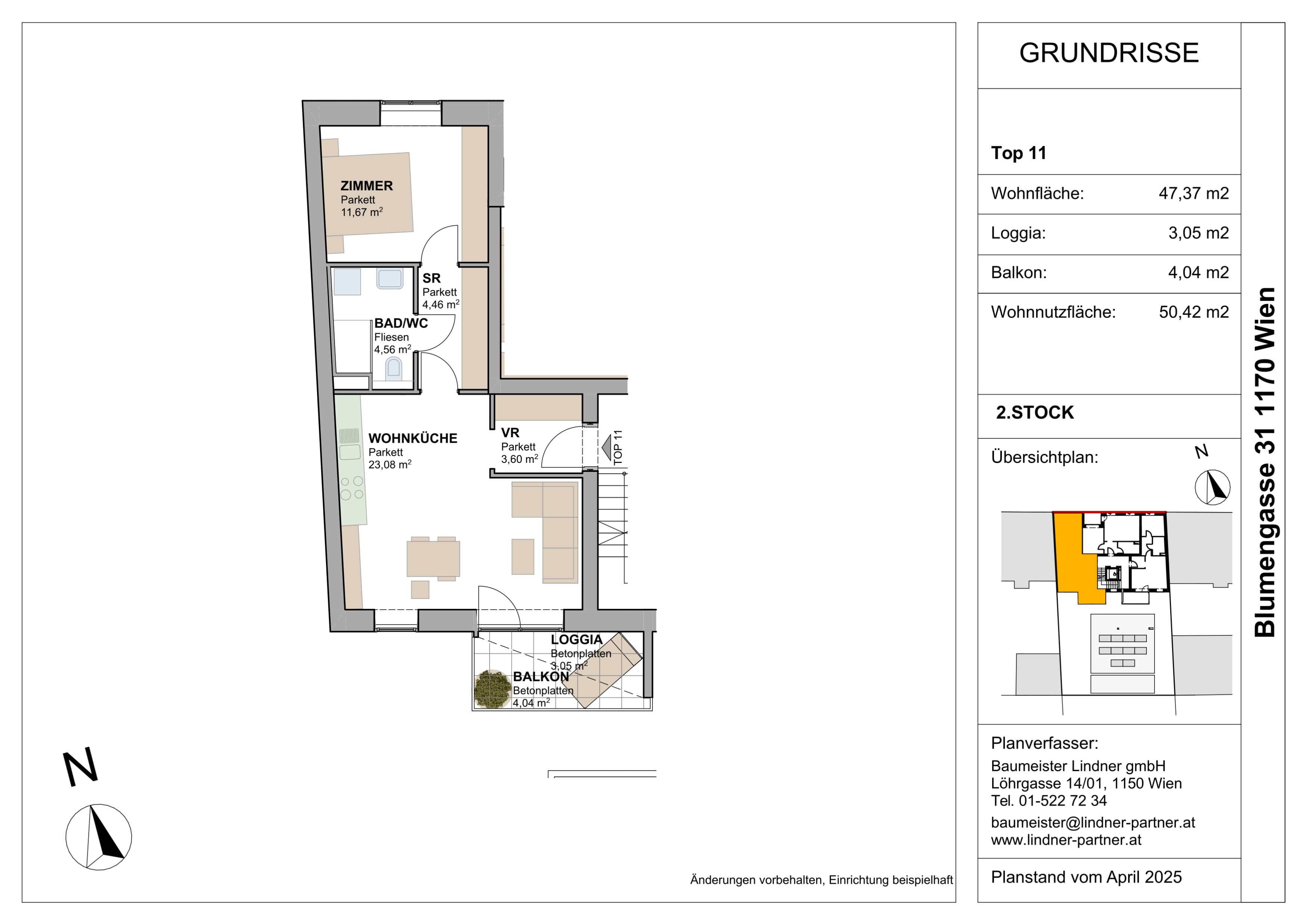 Grundriss Top 96447 — FLORAVIE — 2 Zimmer — 47,4 m² — 2. OG — Terrasse, Balkon, Loggia, Süden