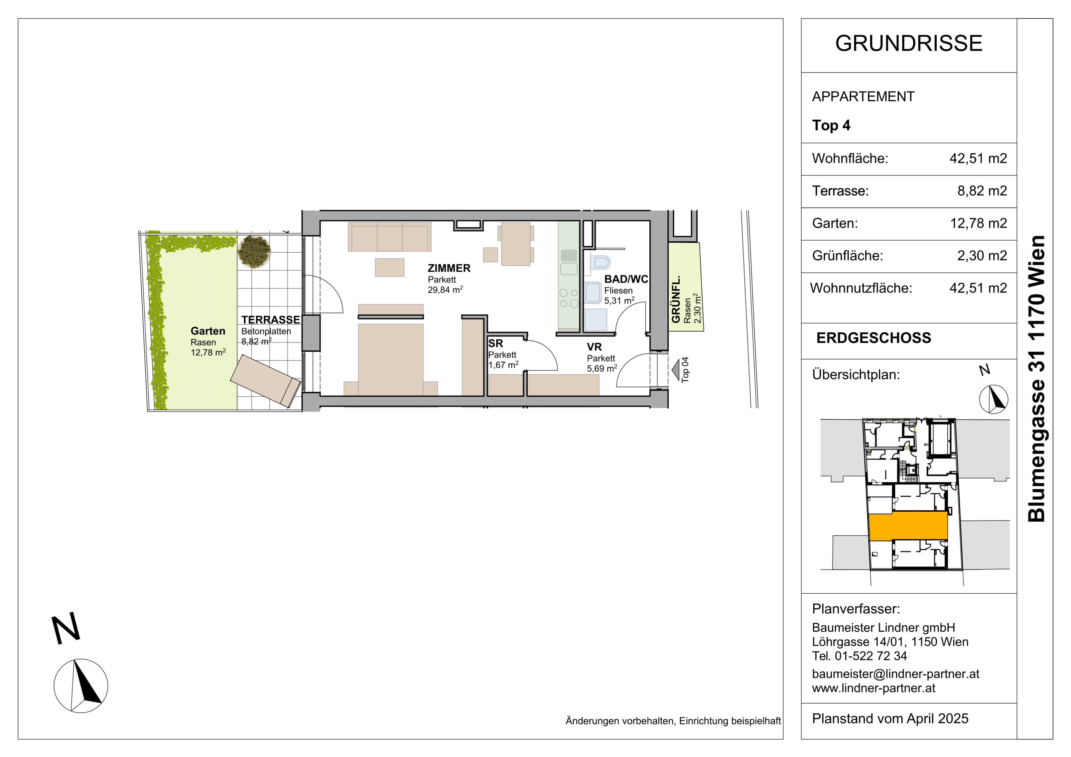 Grundriss Top 96454 — FLORAVIE — 1.5 Zimmer — 42,5 m² — EG — Garten, Terrasse, Balkon, Westen