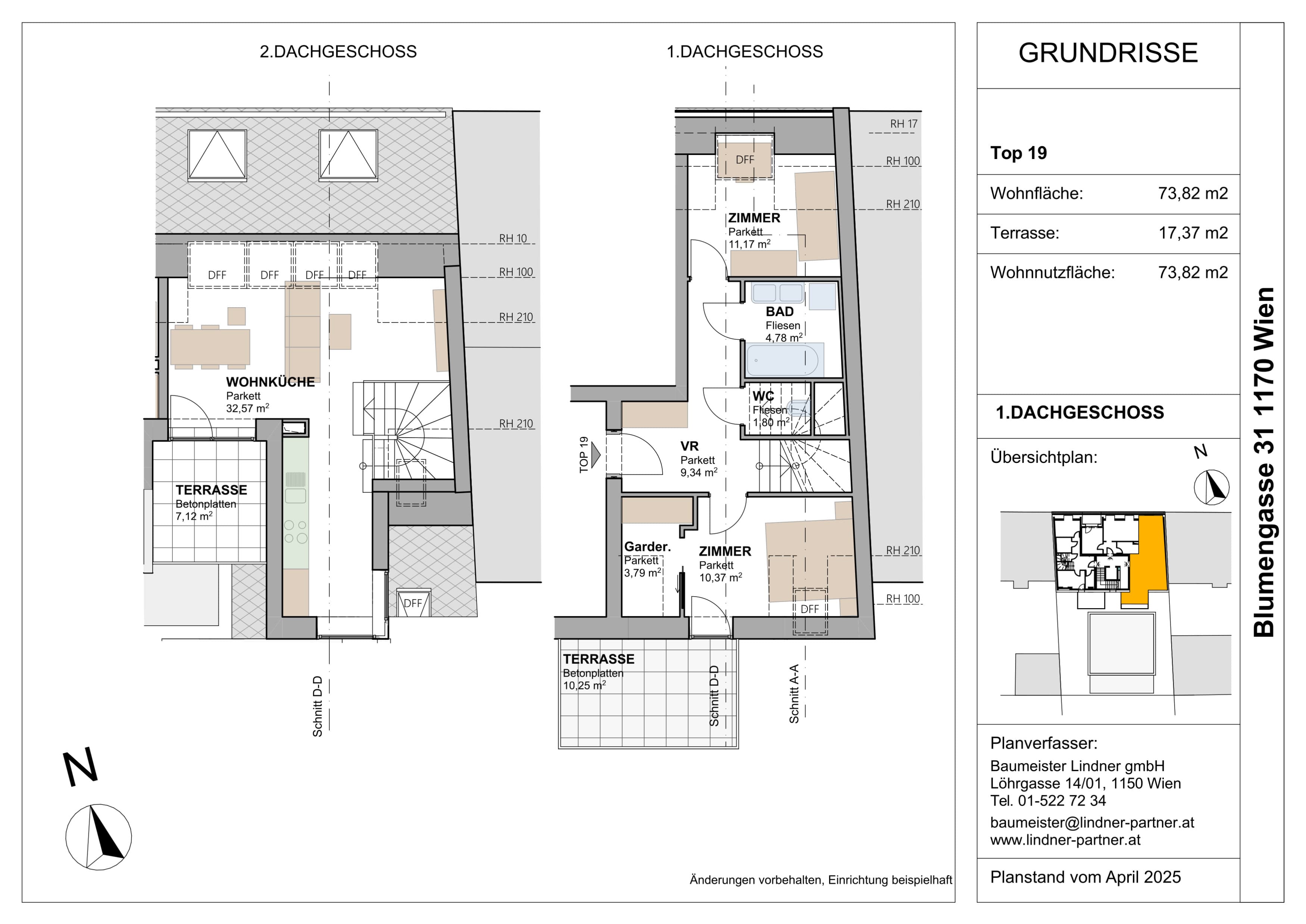 Grundriss Top 96450 — FLORAVIE — 3 Zimmer — 73,8 m² — DG — Terrasse, Balkon, Süden