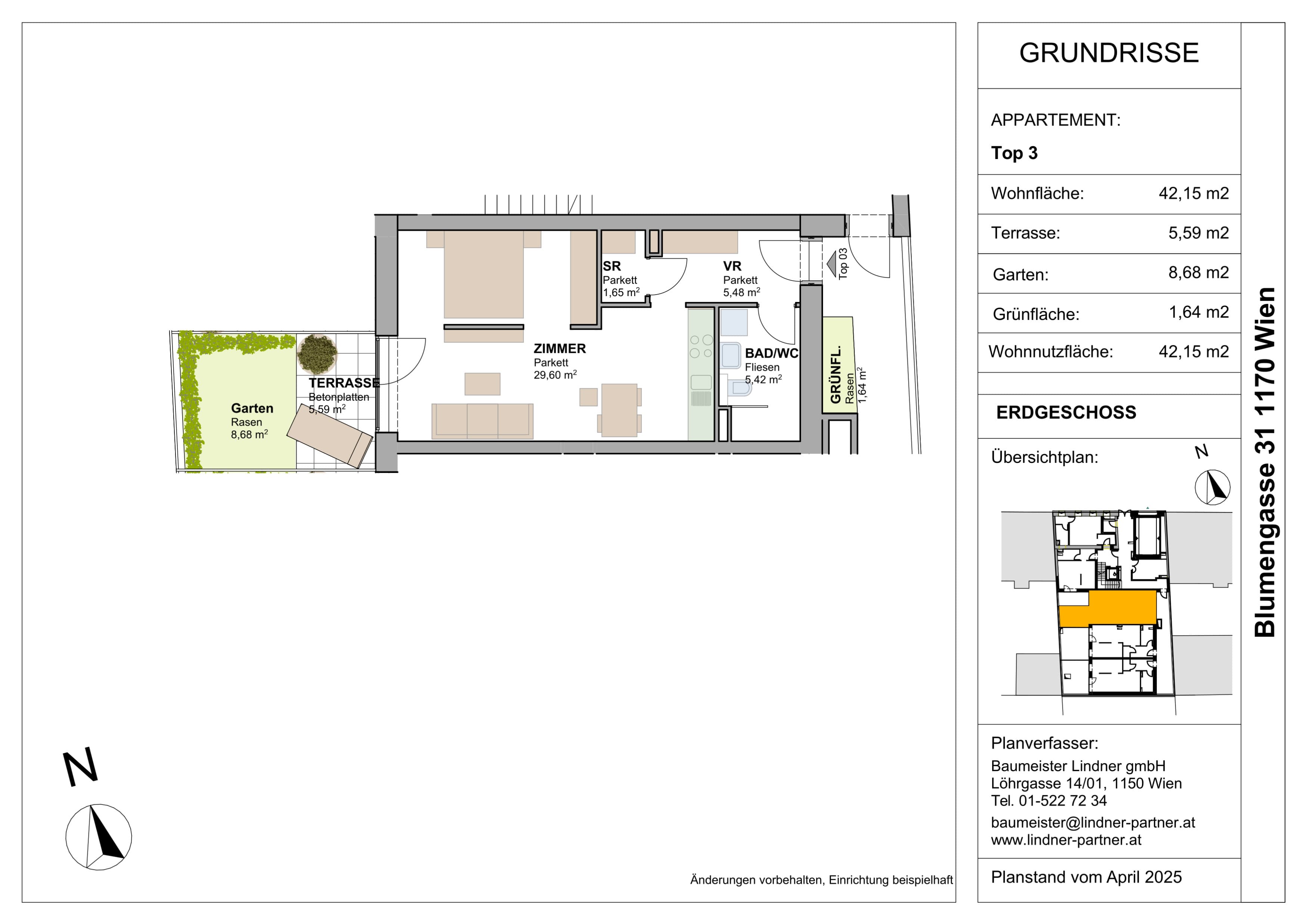 Grundriss Top 96453 — FLORAVIE — 1.5 Zimmer — 42,2 m² — EG — Garten, Terrasse, Balkon, Westen