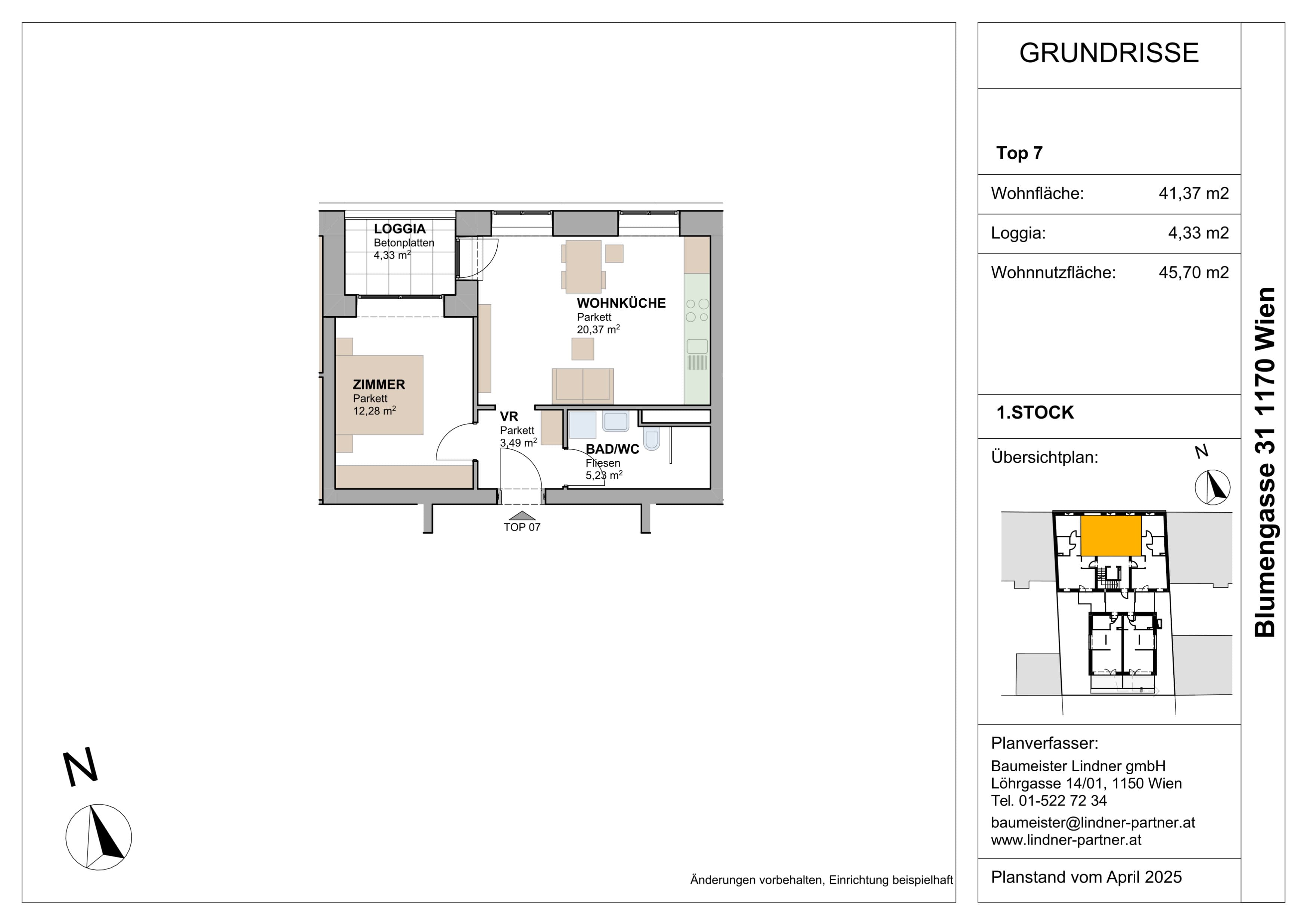 Grundriss Top 96445 — FLORAVIE — 2 Zimmer — 45,7 m² — 1. OG — Terrasse, Balkon, Loggia, Norden