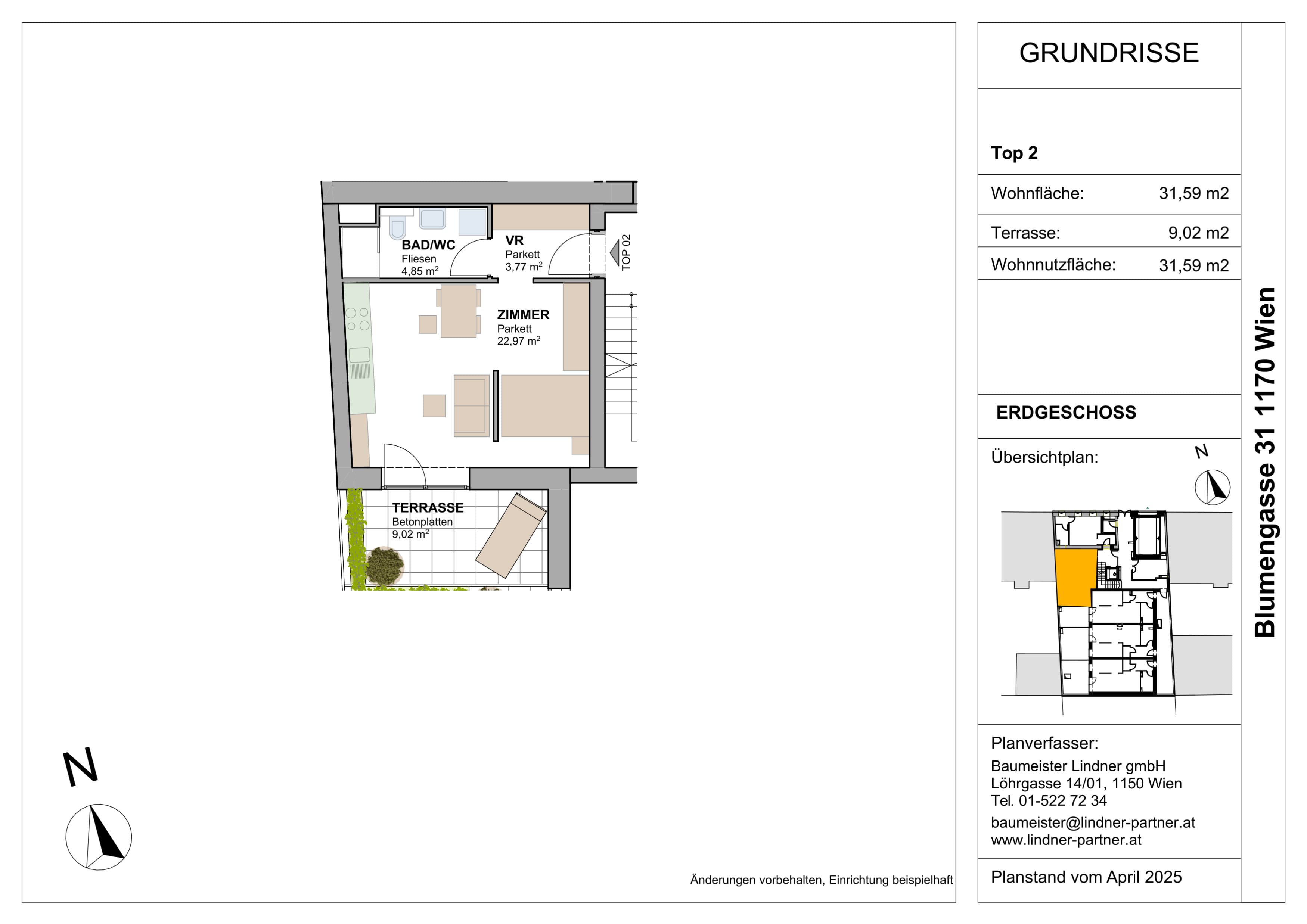 Grundriss Top 96443 — FLORAVIE — 1.5 Zimmer — 31,6 m² — EG — Terrasse, Balkon, Süden