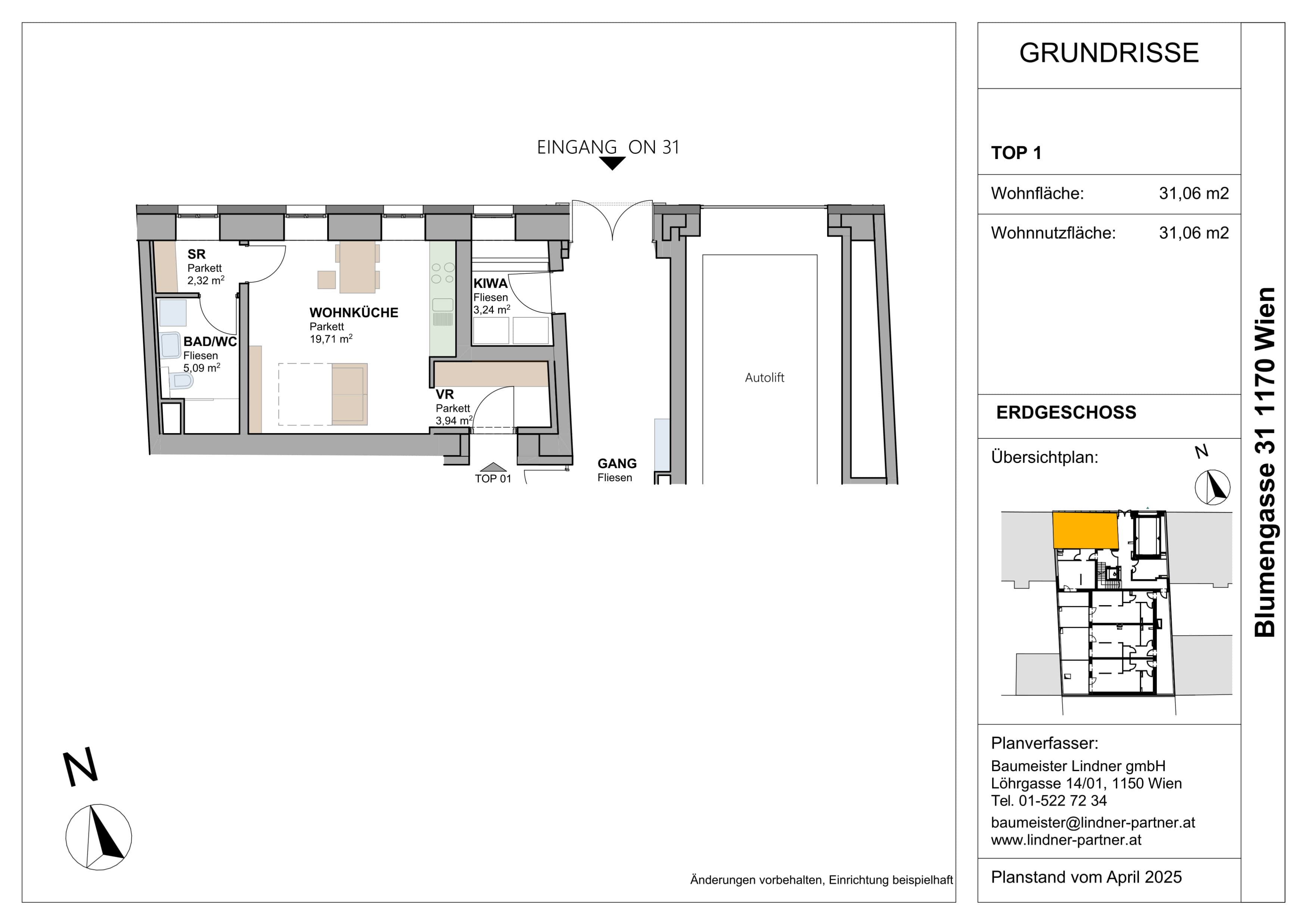 Grundriss Top 96442 — FLORAVIE — 1 Zimmer — 31,1 m² — EG — Terrasse, Balkon