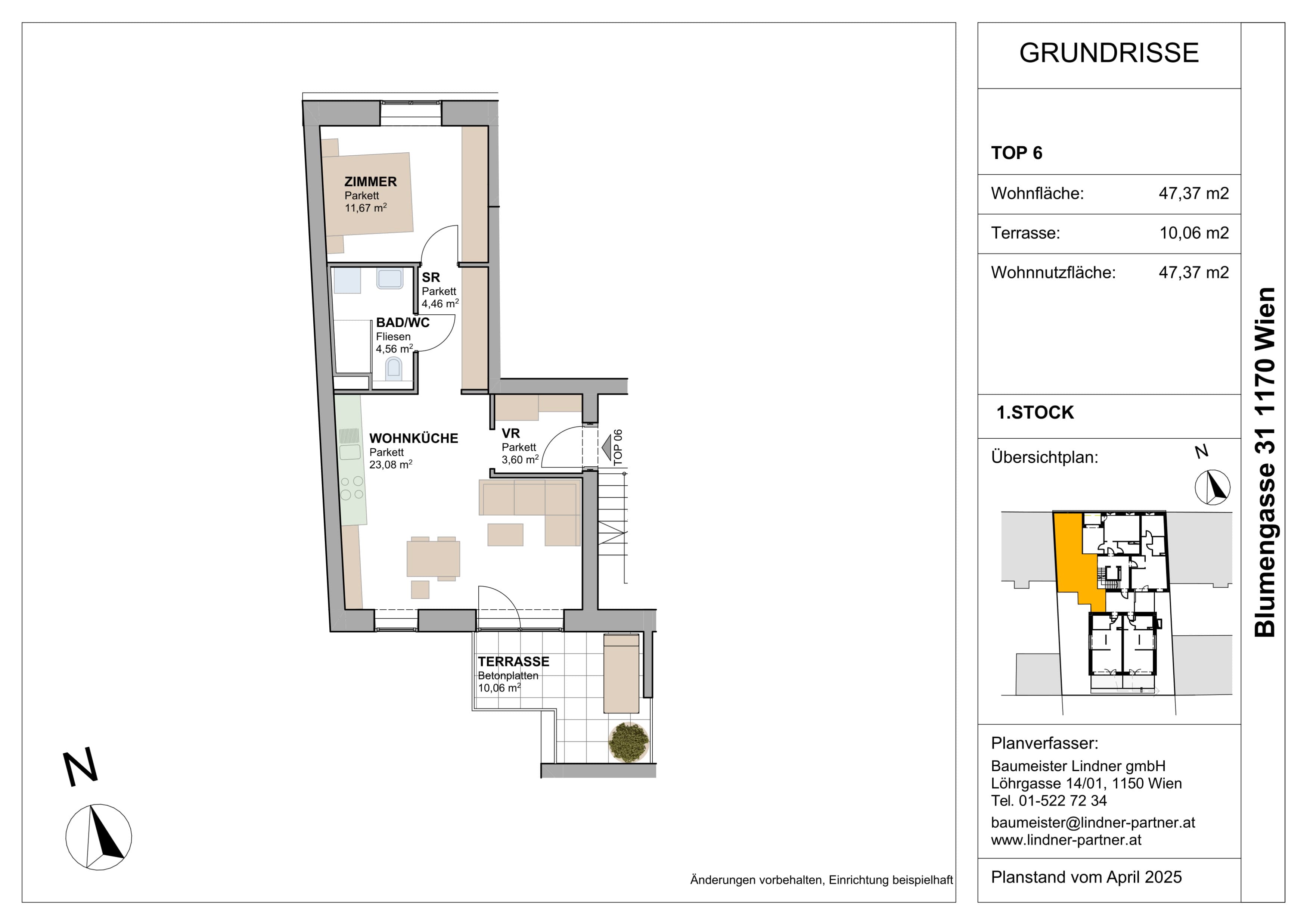 Grundriss Top 96444 — FLORAVIE — 2 Zimmer — 47,4 m² — 1. OG — Terrasse, Balkon, Süden