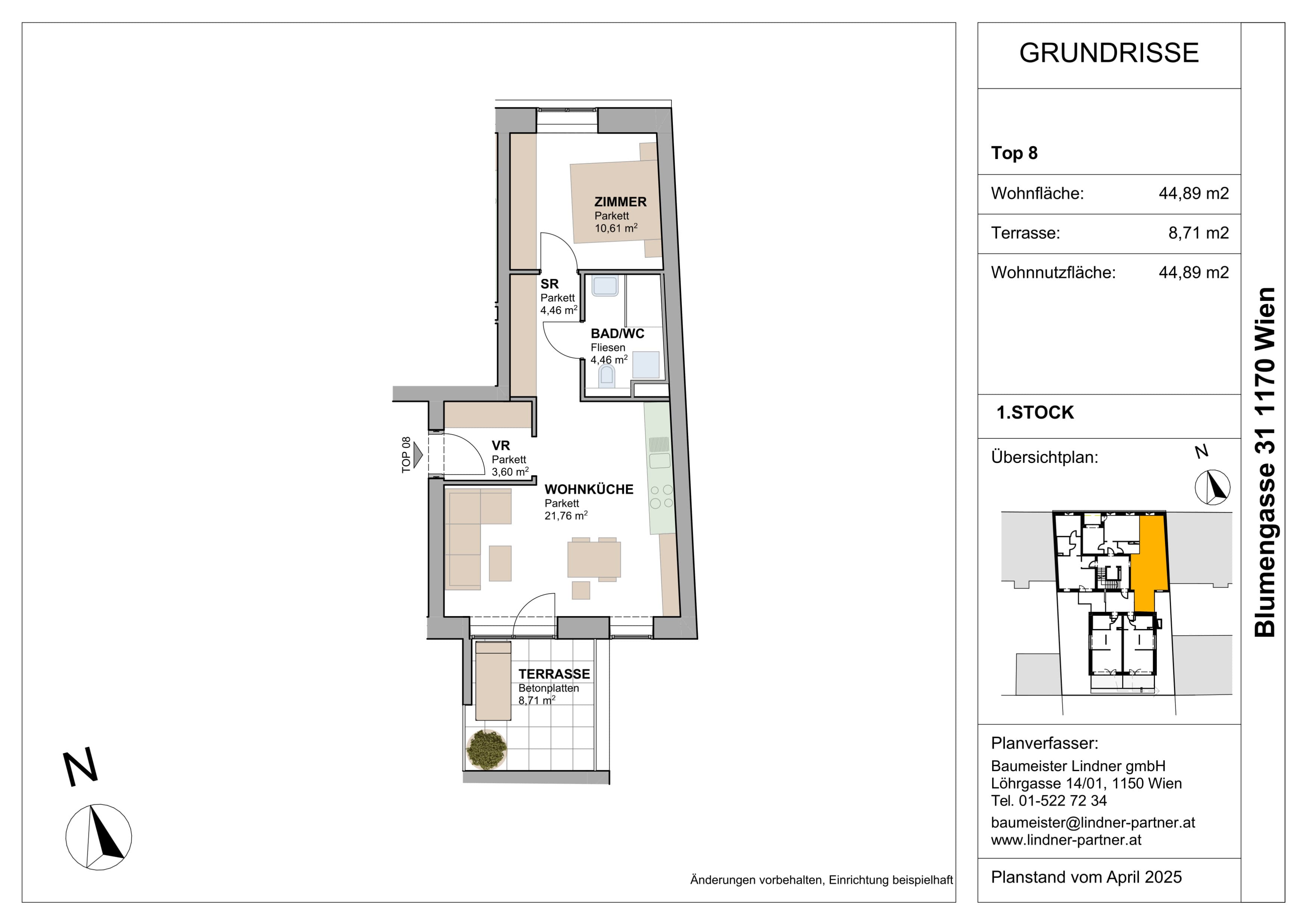 Grundriss Top 96446 — FLORAVIE — 2 Zimmer — 50,4 m² — 1. OG — Terrasse, Balkon, Süden