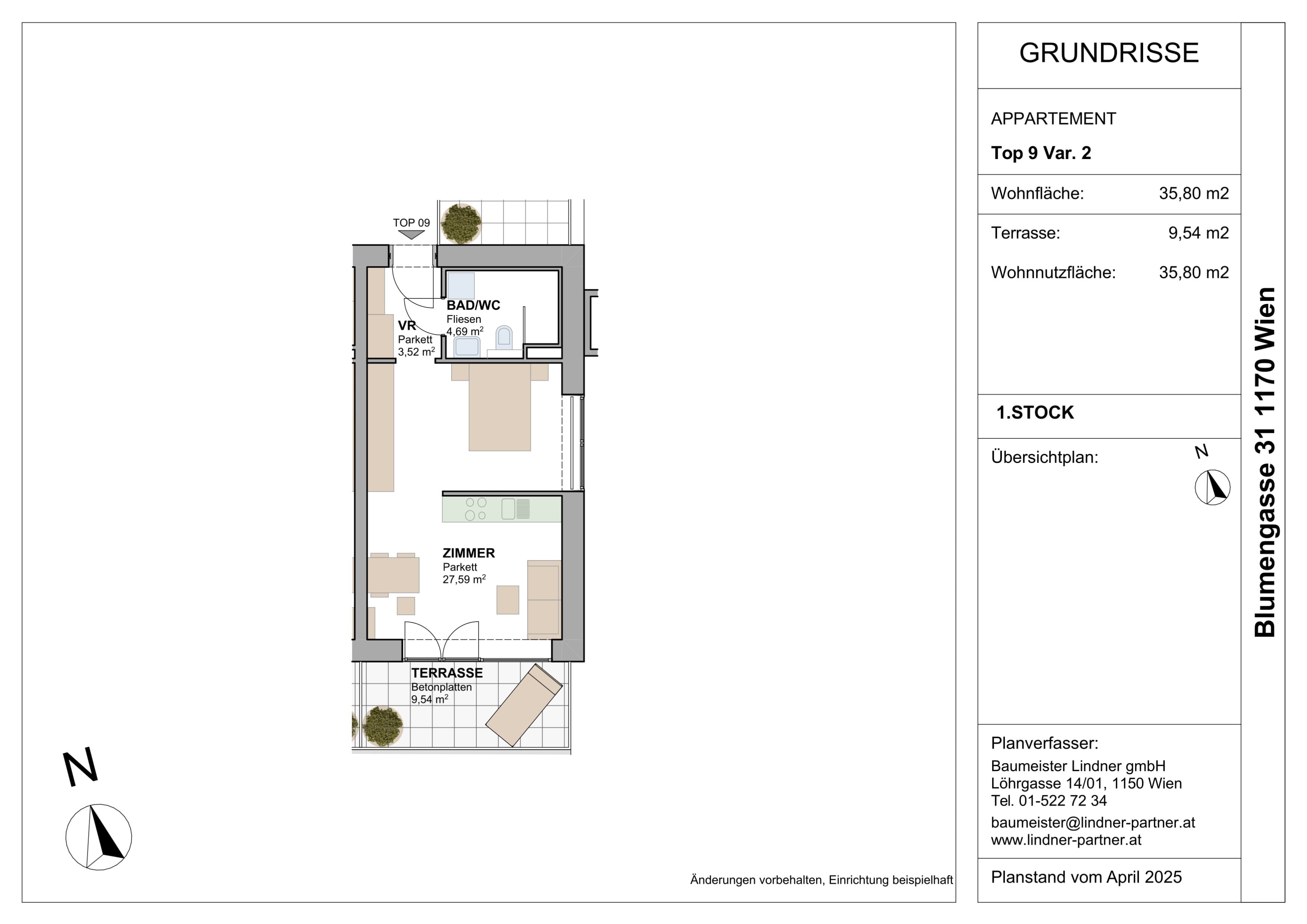 Grundriss Top 96456 — FLORAVIE — 1.5 Zimmer — 35,8 m² — 1. OG — Terrasse, Balkon, Westen