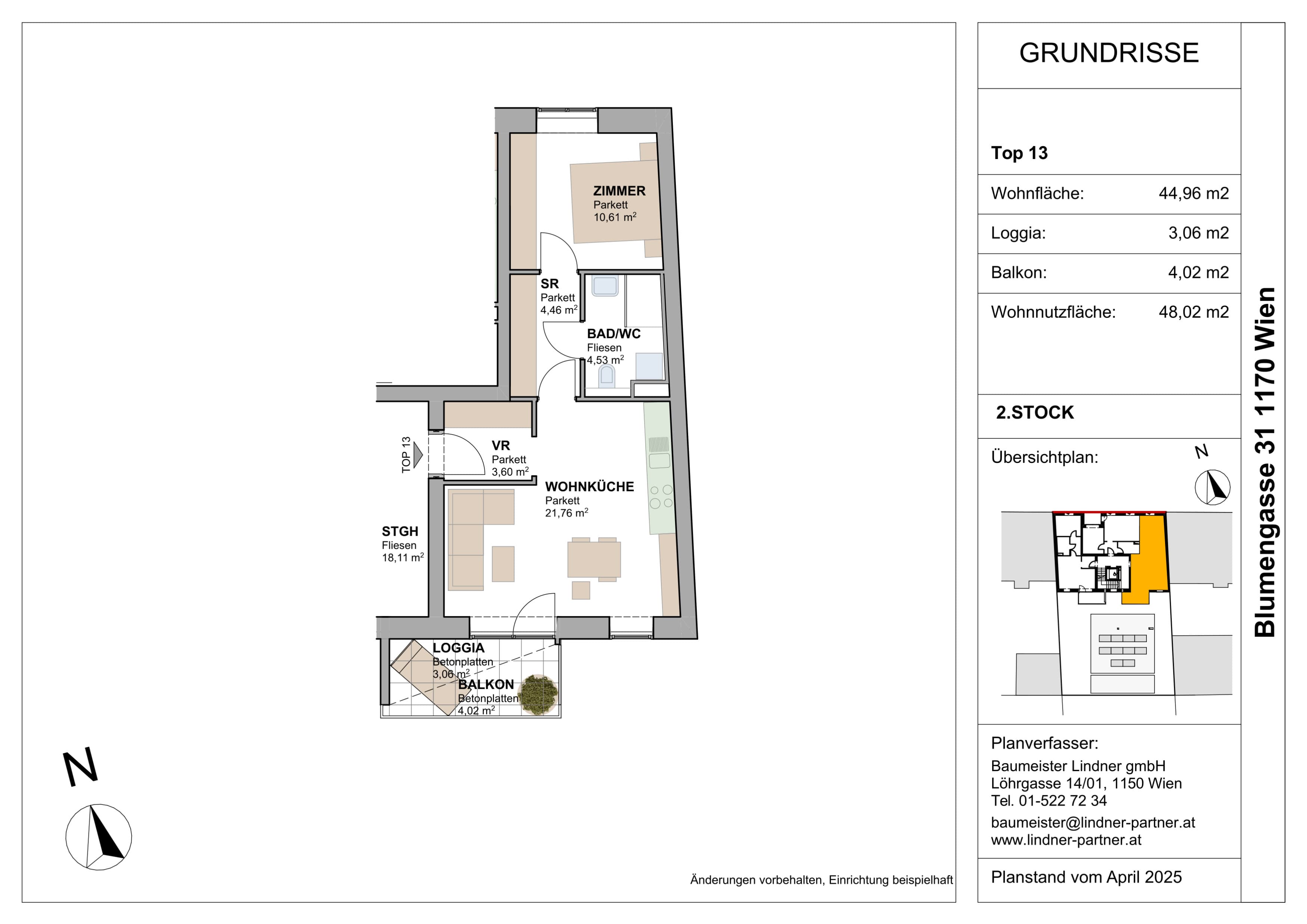 Grundriss Top 96448 — FLORAVIE — 2 Zimmer — 48 m² — 2. OG — Terrasse, Balkon, Loggia, Süden