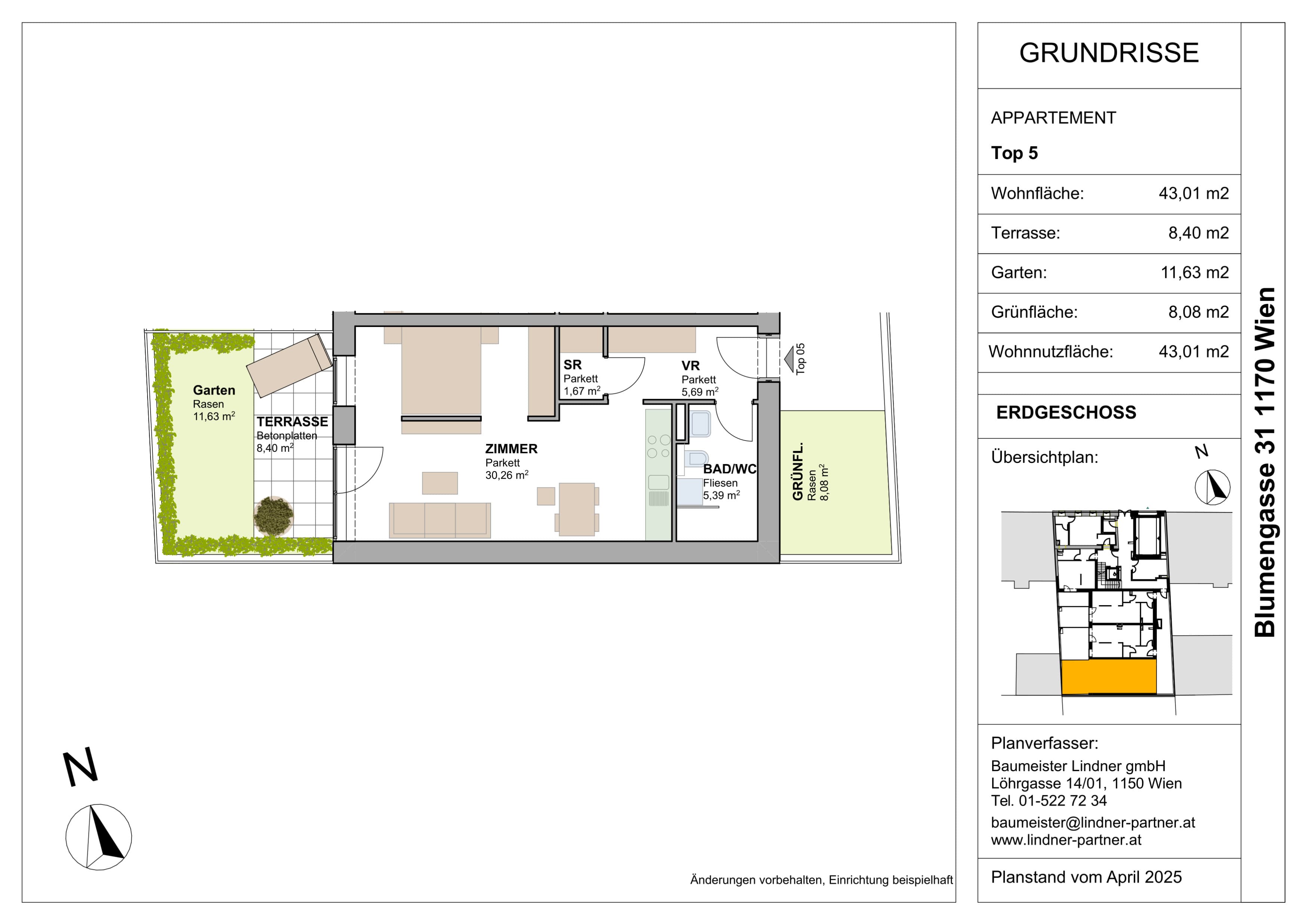 Grundriss Top 96455 — FLORAVIE — 1.5 Zimmer — 43 m² — EG — Garten, Terrasse, Balkon, Westen