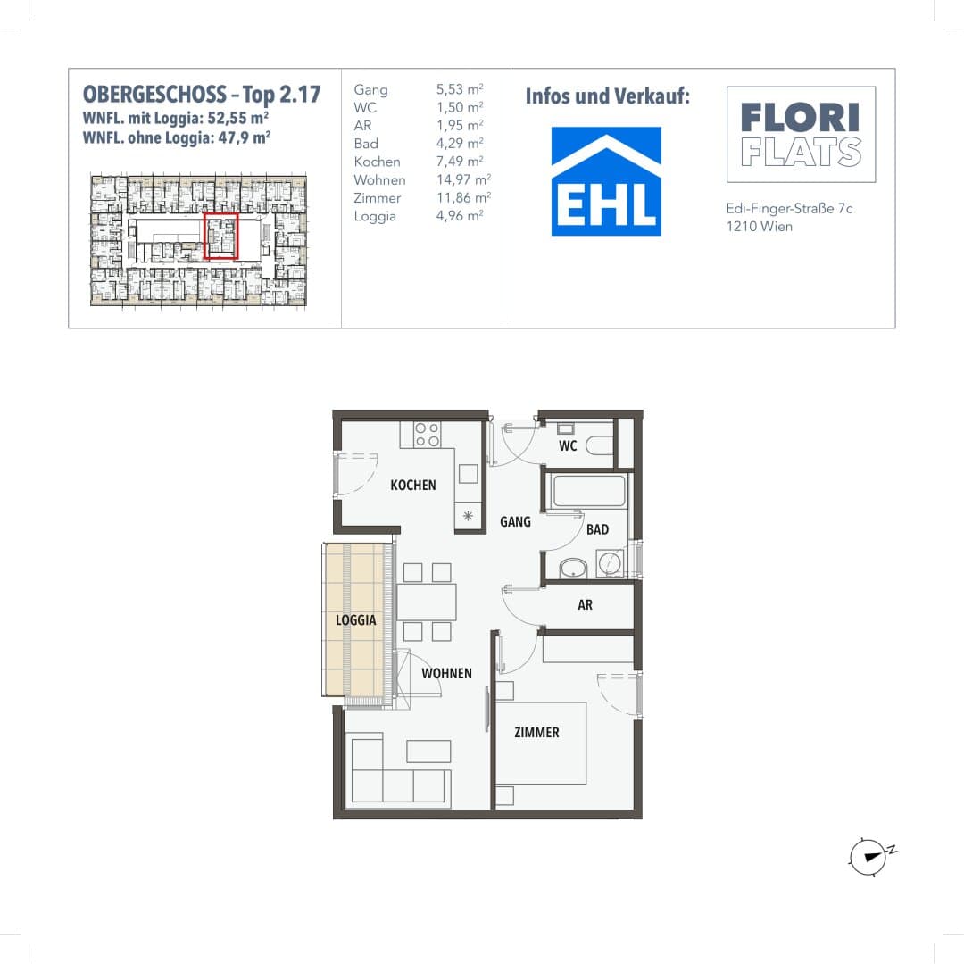 Grundriss 17 — Flori Flats — 2 Zimmer — 47,6 m² — 1. Etage